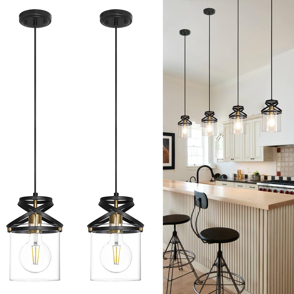 Black and Gold Pendant Light Fixture, Modern Pendant Lights Kitchen Island with Clear Glass Shade, Industrial Pendant Lighting over Island, Pendant Lamp for Dining Room Sink, 6ft Adjustable Cable