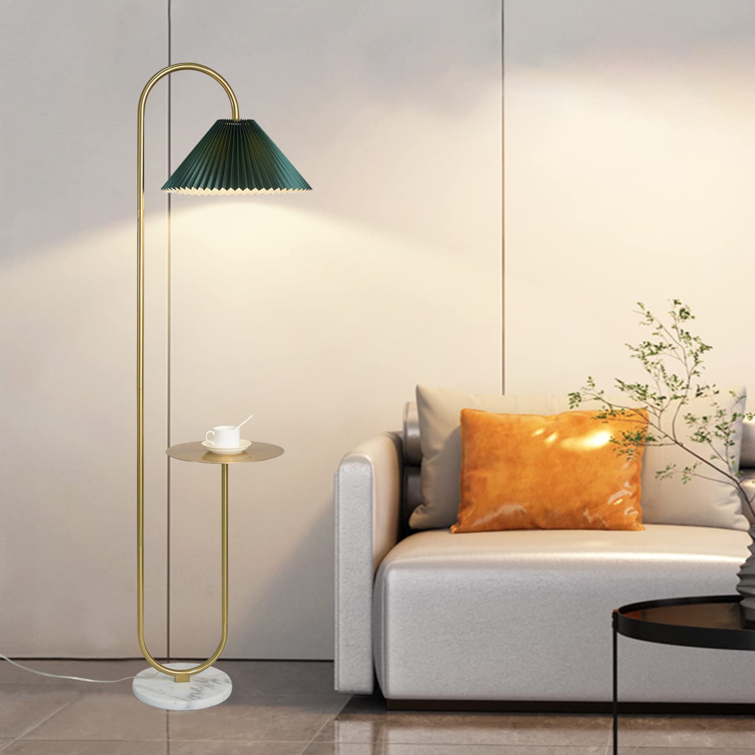 Modern Elegant with Tray Floor Lamp for Office Cafe Den Living Room Bedroom, Foot Switch and Brass/Gold Finish,Light Yellow Pleated Cloth Lampshade