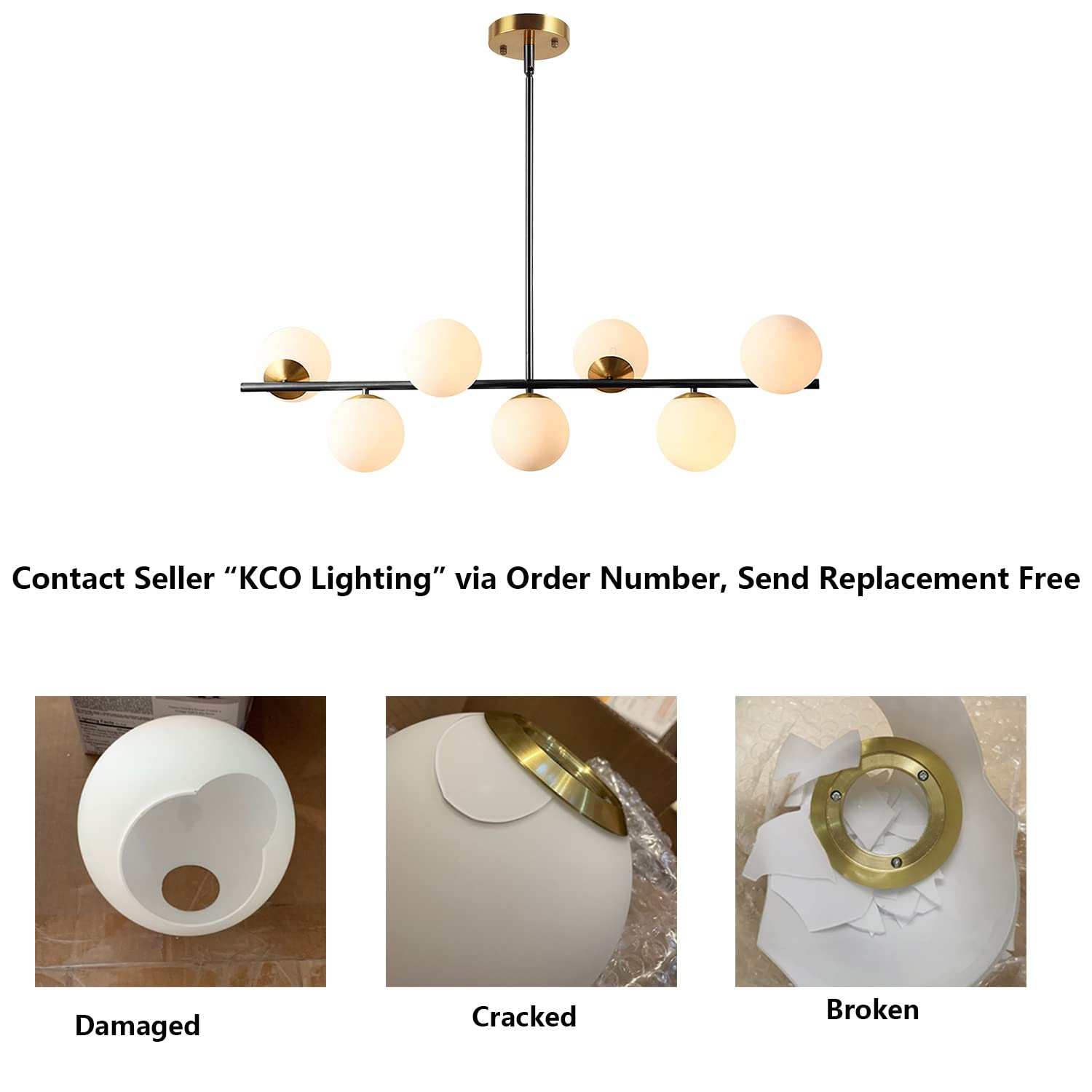 KCO Lighting Modern Brass Linear Chandelier Pendant Light 7-Lights Gold and White Glass Pendant Lighting Mid Century Globe Dining Light Fixture for Living Room Kitchen