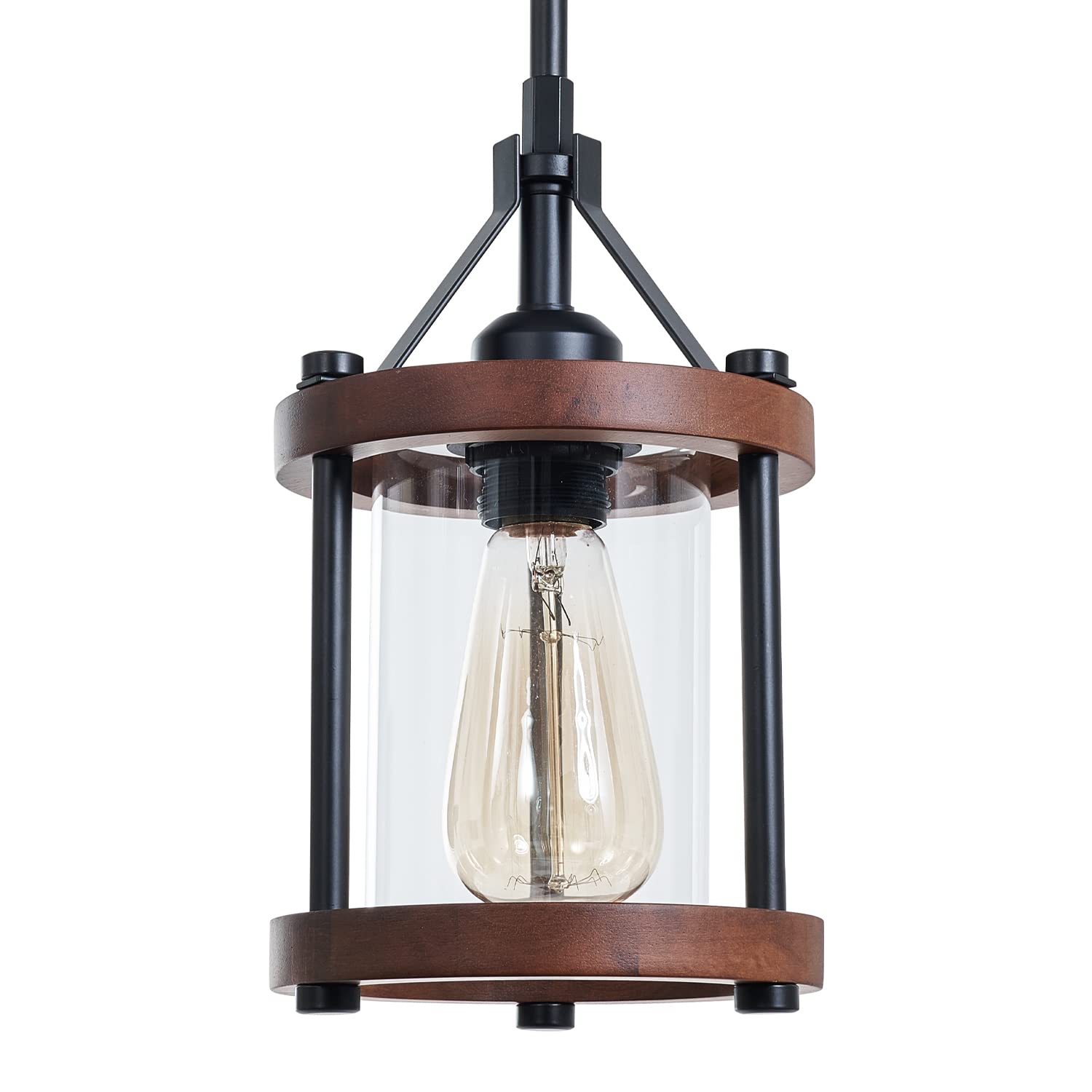 Farmhouse Pendant Light in Wood and Metal Cage, Rustic Brown Wood Pendant Light with Glass, Adjustable Hanging Light Fixtures, Mini Pendant Lighting for Kitchen Island, Hallway, Foyer, 1 Pack