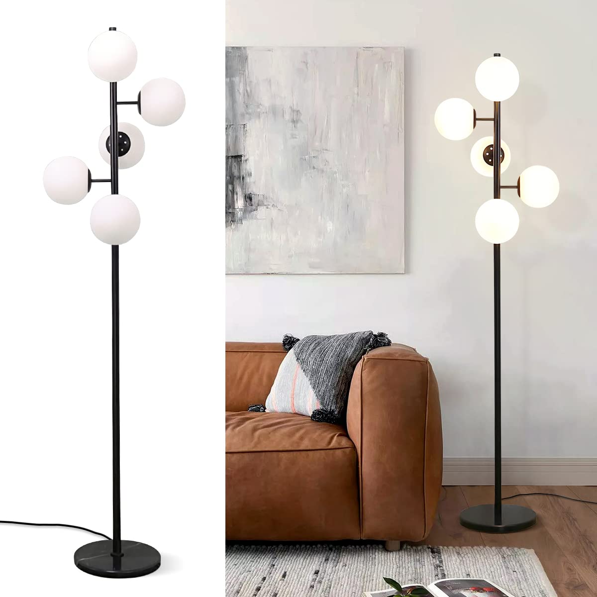 Lighting 5-Light Frosted White Glass Globe Floor Lamp Mid Century Modern Gold Tall Pole Standing Light LED Standing Lamps with Foot Switch for Home Office (Gold)