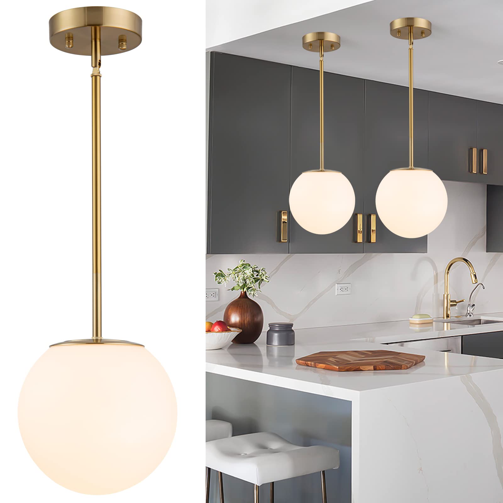 Mid Century Modern Pendant Lighting Gold Globe Pendant Light Fixture,1-Light White Glass Shade Brushed Brass Finished Hanging Light Fixture for Kitchen Island