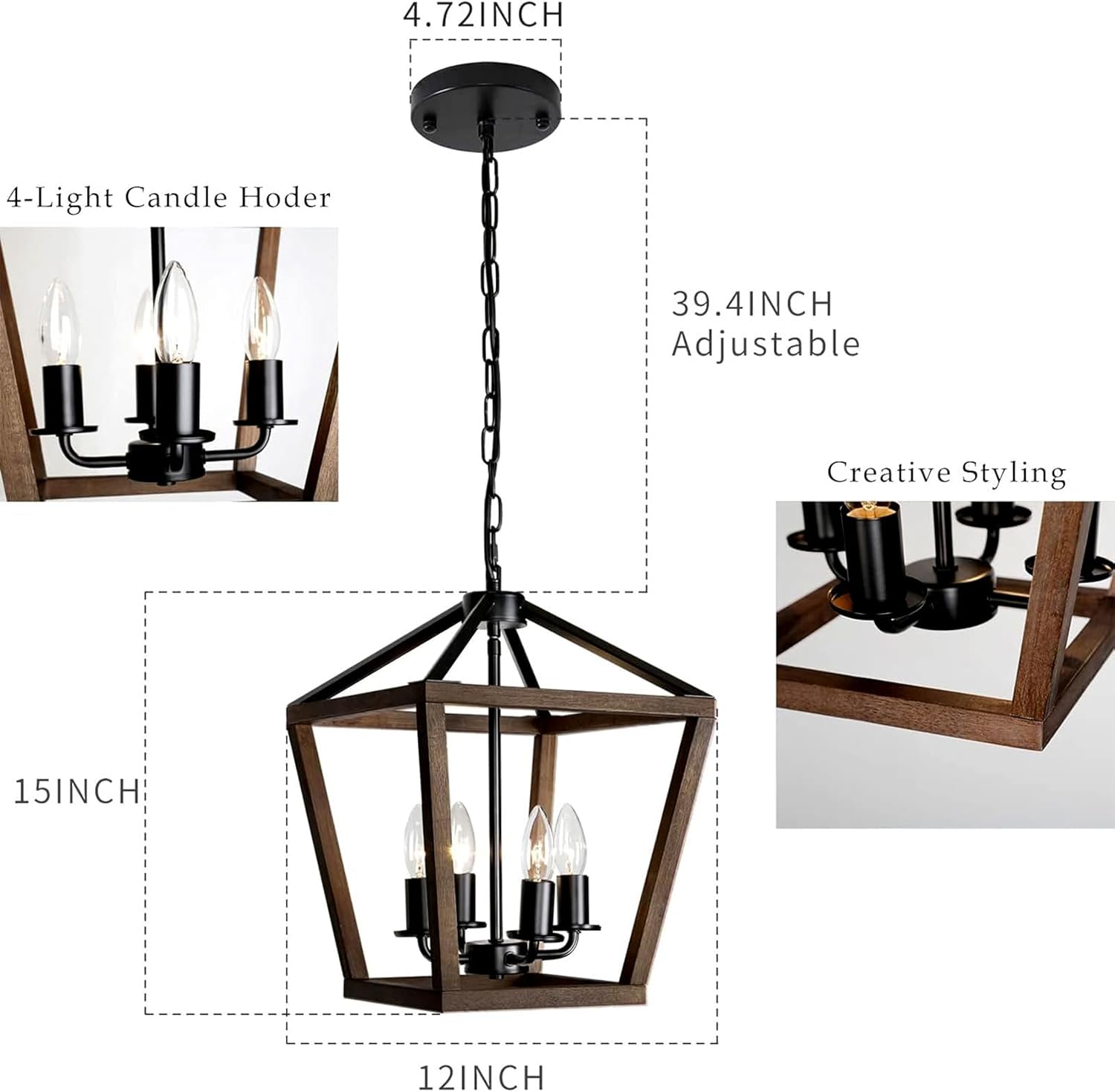 4-Light Lantern Pendant Light,Modern Industrial Black Cage Farmhouse Chandelier for Kitchen Island,12'' Rustic Metal Hanging Lighting Fixture for Dining Room Bedroom Foyer Entry Porch