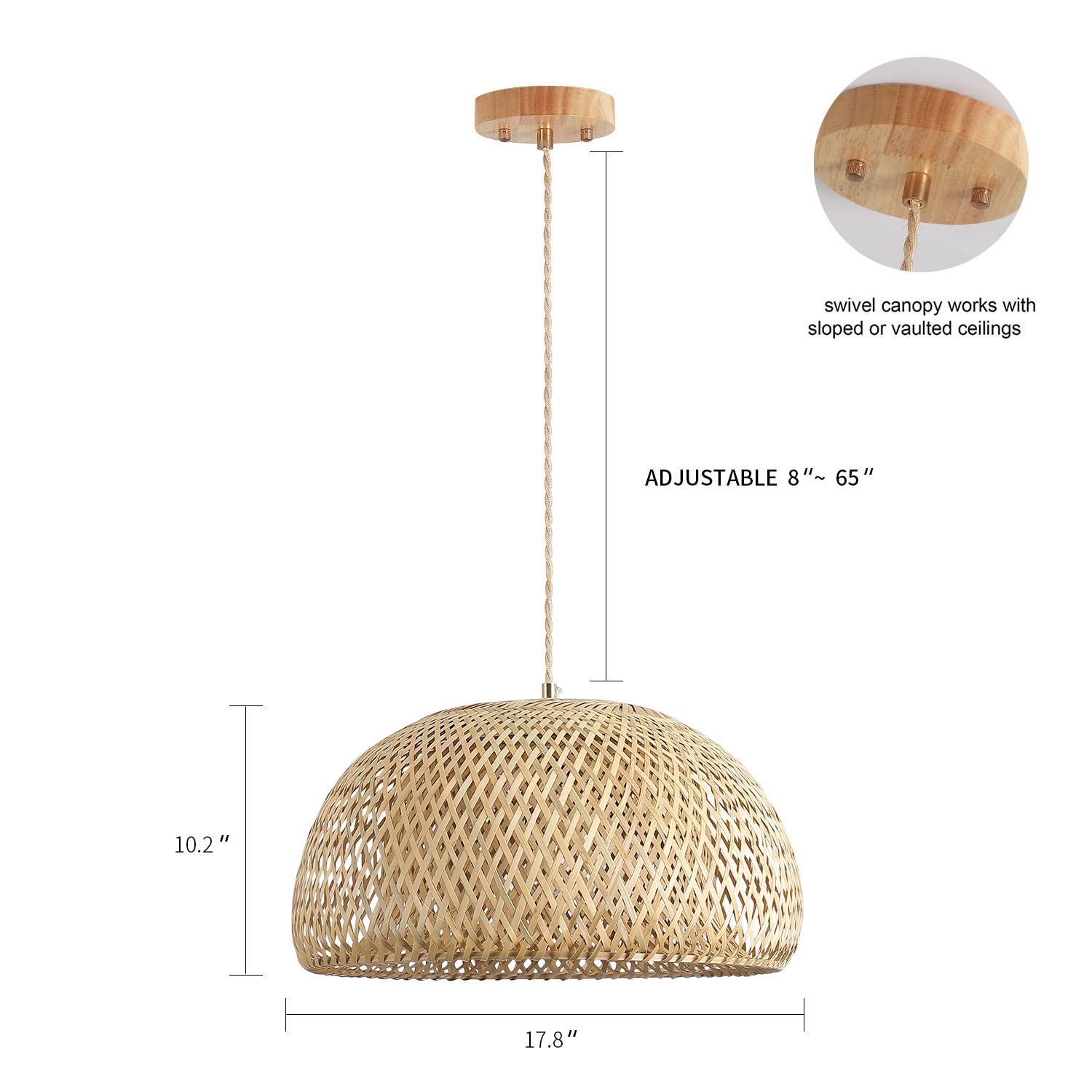 Bamboo Pendant Light Fixture One-Light Adjustable Boho Basket Handmade Woven Mini Pendant Lighting for Kitchen Island Sink Farmhouse Home