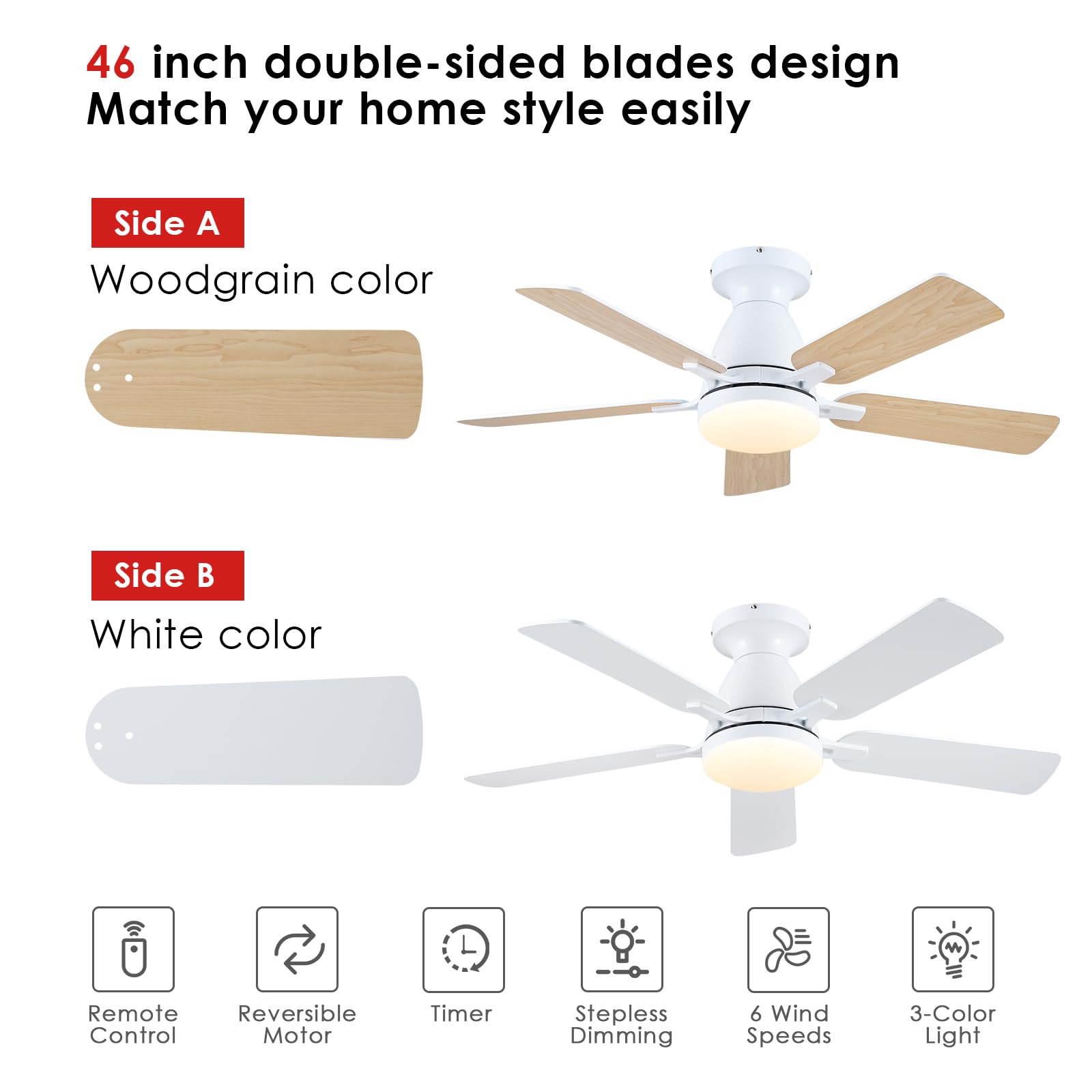 Ceiling Fans with Lights- 46"Low Profile Indoor Ceiling Fan with Light and Remote/APP Control, Flush Mount, LED Dimmable DC Reversible Modern Ceiling Fan for Bedroom（Black）