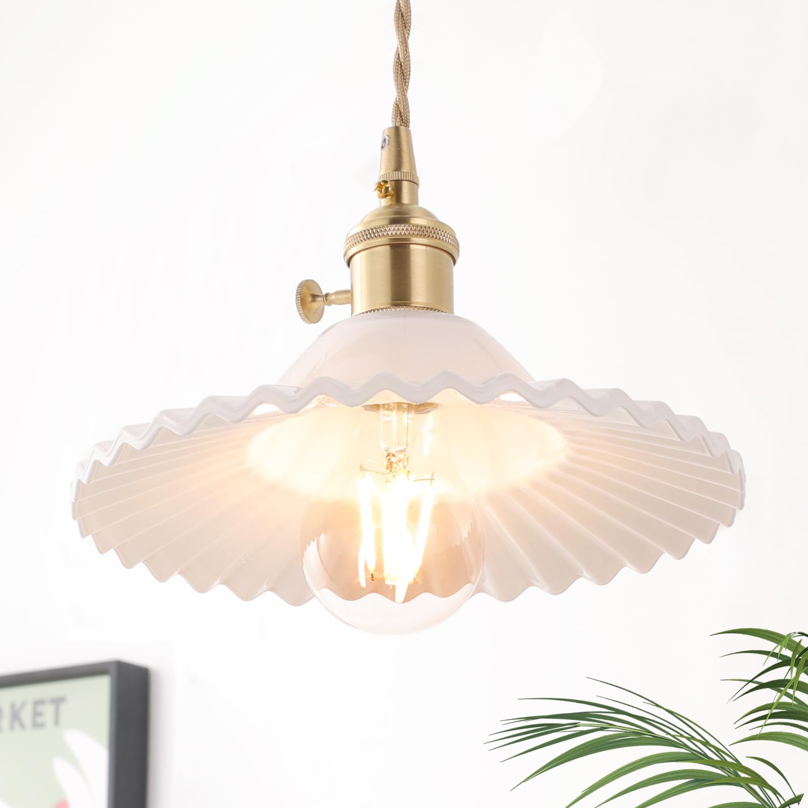 Pendant Light with White Pleated Ceramic Lmapshade, Brass Vintage Pendant Light Adjustable Hanging Light for Kitchen Island Dining Room Hallway 7.87 Inch Diam