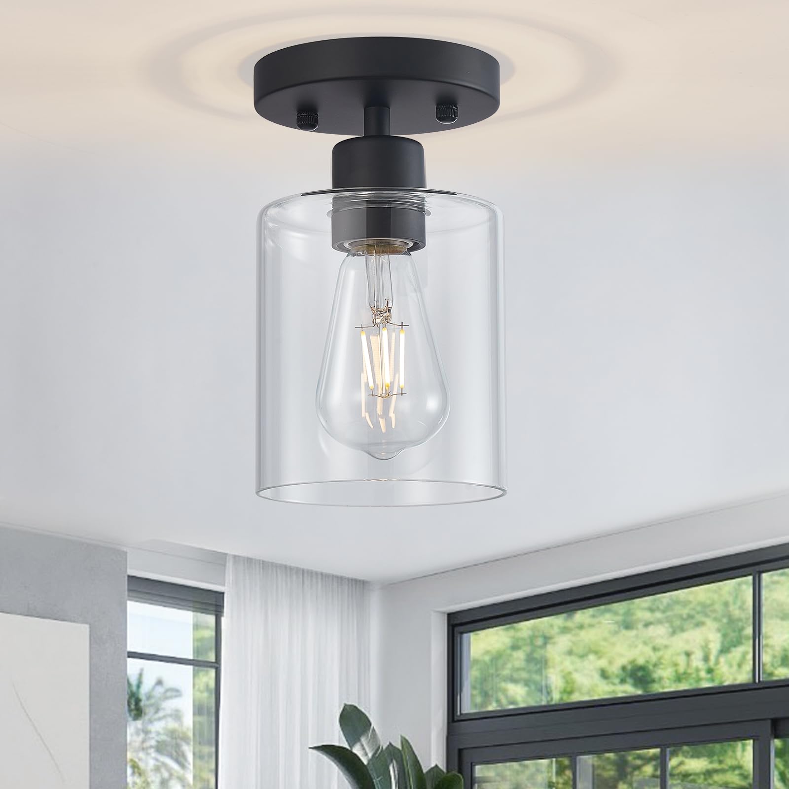 6 Light Semi Flush Mount Ceiling Light, Kitchen Lighting Fixtures Ceiling, Industrial Black Ceiling Light Fixtures with Clear Glass Shade for Hallway, Foyer, Farmhouse, Bedroom, Living Room