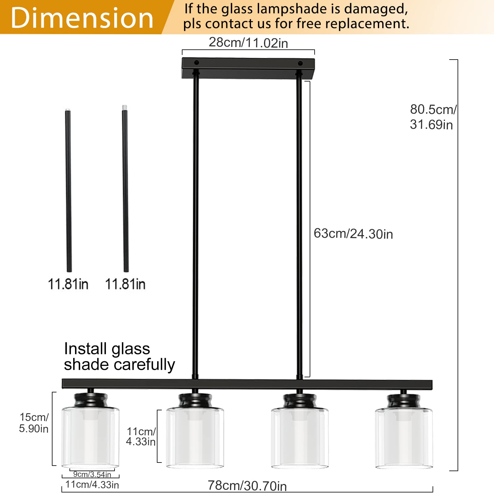 Kitchen Island Pendant Light Fixture, 4 Lights Metal Farmhouse Chandeliers, Vintage Flush Mount Ceiling Hanging Lighting with Glass Shade for Dining Room, Foyer, Restaurant, Bar, E26 Base