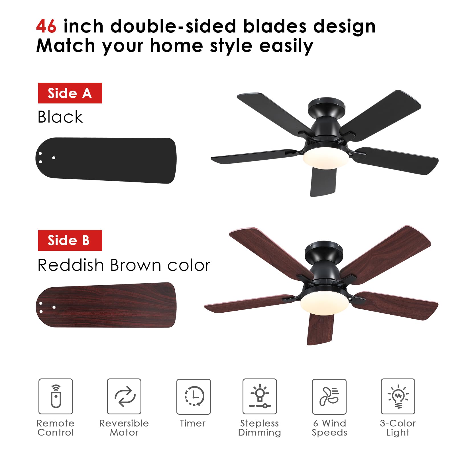 Ceiling Fans with Lights- 46"Low Profile Indoor Ceiling Fan with Light and Remote/APP Control, Flush Mount, LED Dimmable DC Reversible Modern Ceiling Fan for Bedroom（Black）