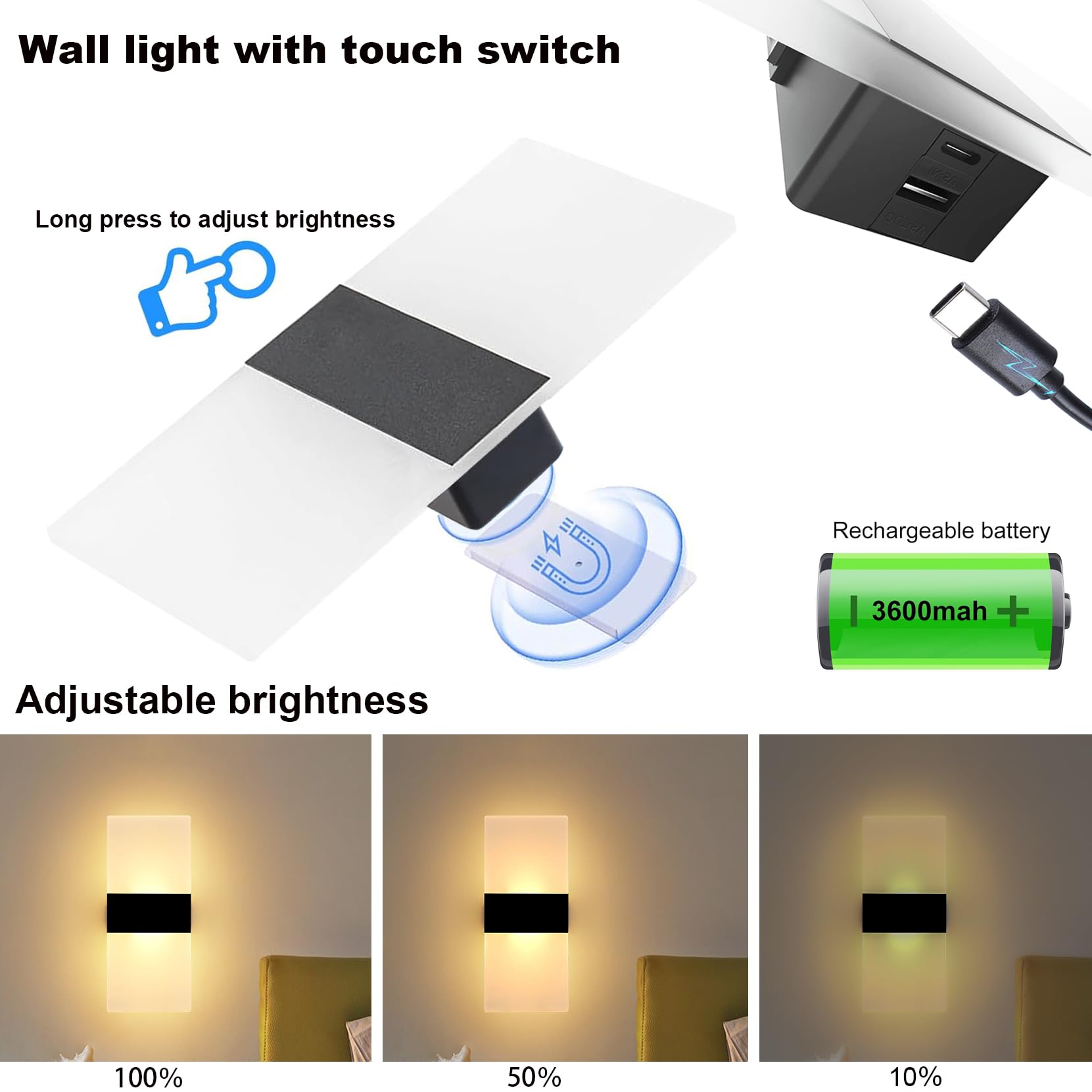 Battery Operated Wall Sconce Set of 2, Rechargeable wall lights Touch Control Dimming Wireless Wall Sconces, LED Magnetic bedside wall lamps Indoor Sconce Wall Decor, for Bedroom, Living Room, Hallway