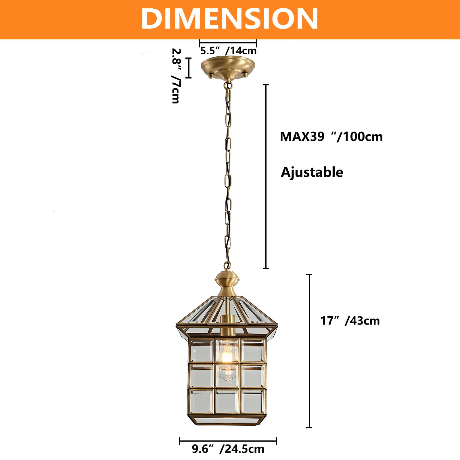 Copper Brass Outdoor Pendant Lights, Waterproof Hanging Porch Light Exterior Lantern Light Fixture with Clear Glass Outdoor Chandelier for Patio Kitchen Dining Room Entryway