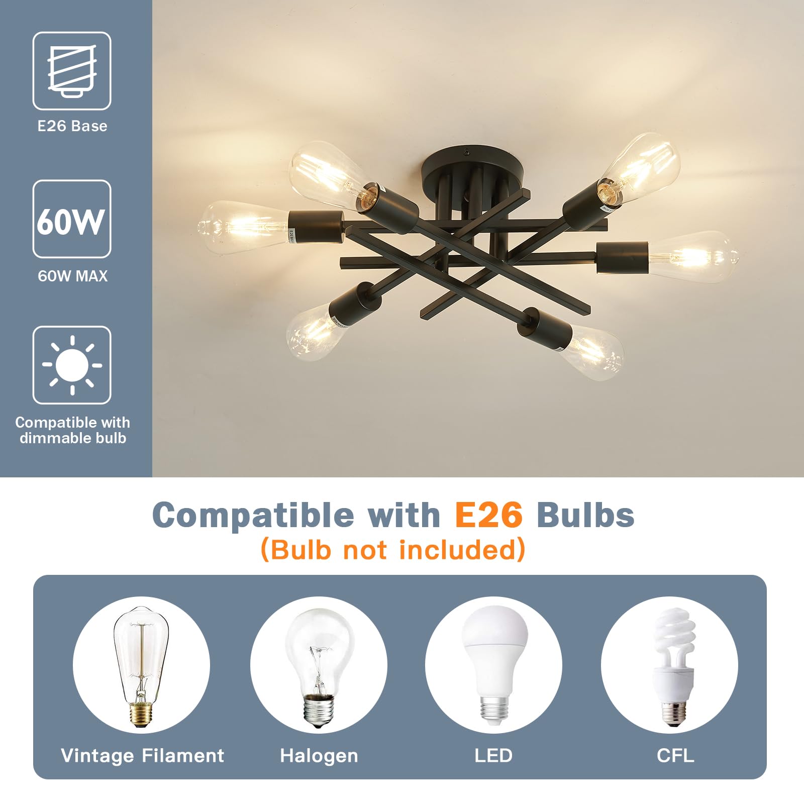 Semi Flush Mount Modern Ceiling Light Fixture， 6 Lights Black Vintage Matte Sputnik Chandelier Ceiling Lamp with E26 Bulb Base for Farmhouse Dining Room Living Room Bedroom Study Kitchen