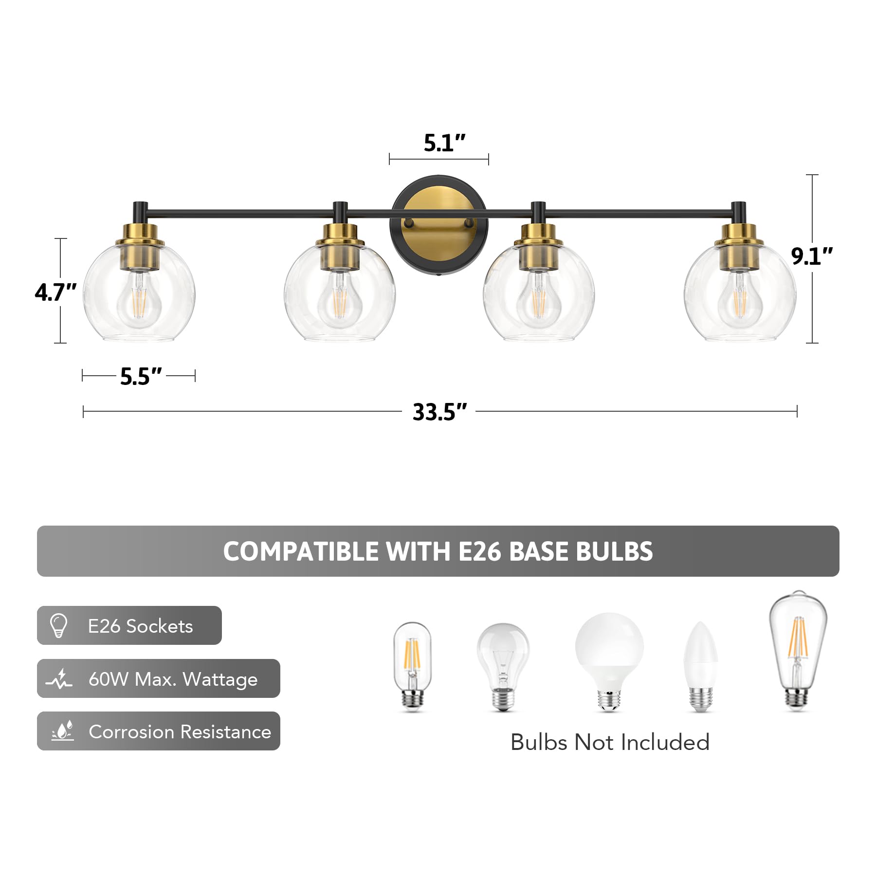 Bathroom Light Fixtures, 2-Light Bathroom Vanity Light with Globe Glass Shades E26 Sockets, Bathroom Lights Over Mirror for Bedroom Hallway Living Room, Gold Finish