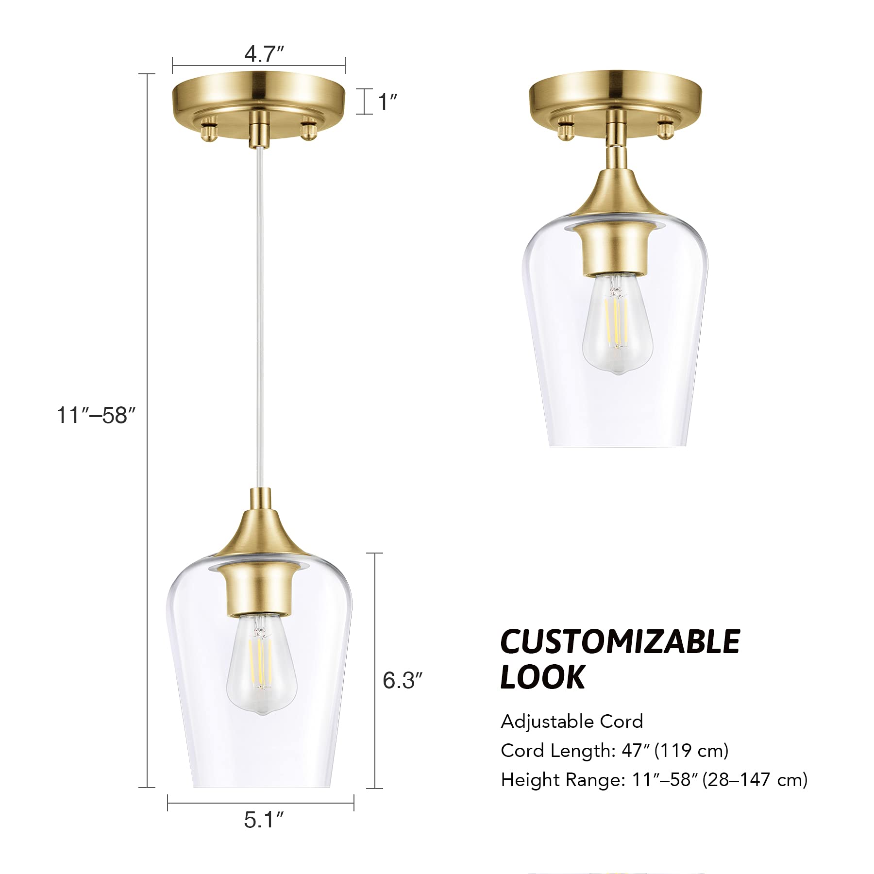 Pendant Lights Kitchen Island, Gold Pendant Lighting for Kitchen Island with Hanging Cord for Bedroom & Hallway, Kitchen Island Lighting with Clear Glass Shade