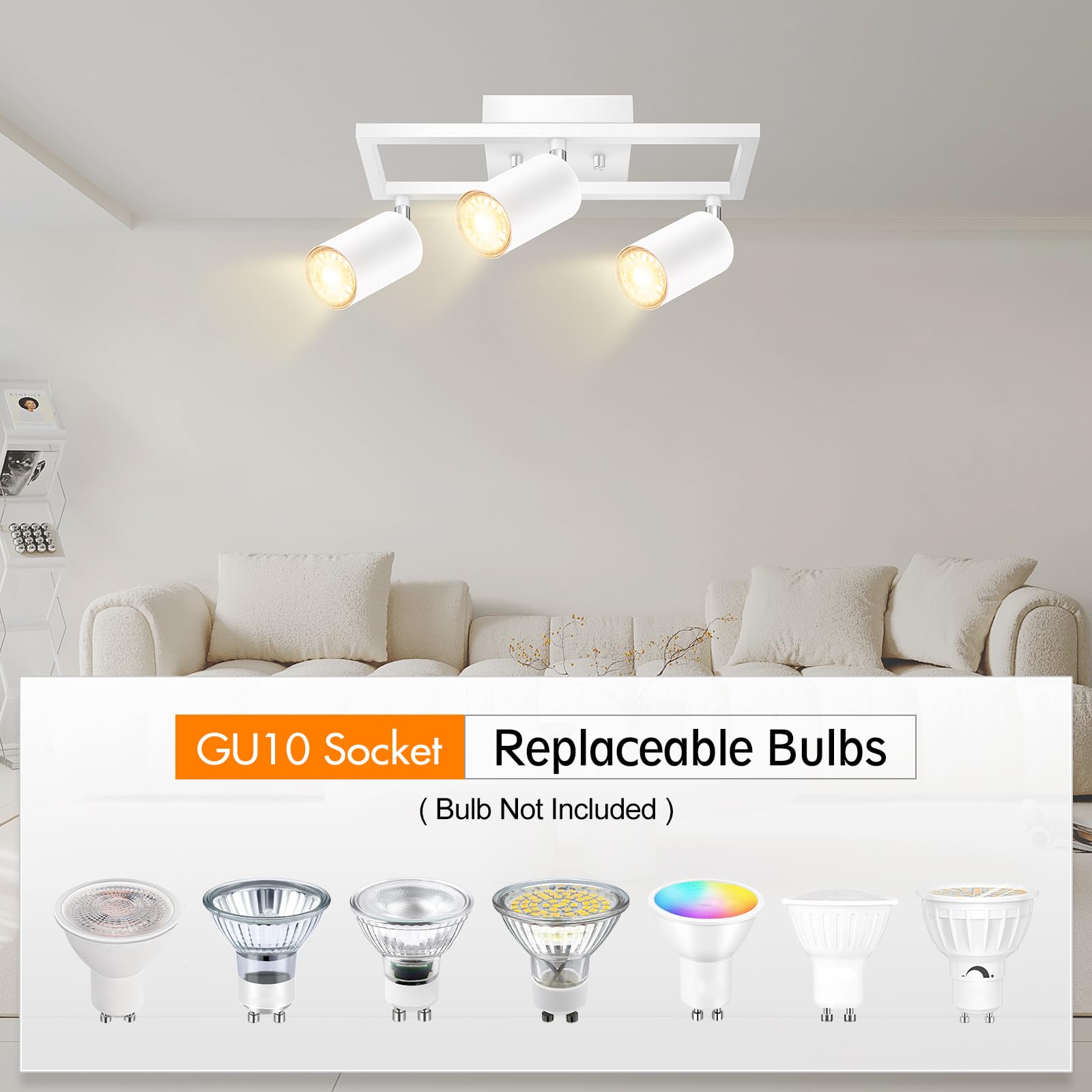 Track Lighting Fixtures Ceiling, 3 Way Track Lighting Kit, LED Track Lighting with Rotatable Light Heads, Modern Ceiling Spot Lighting for Kitchen/Bedroom/Living Room, GU10 Bulb Not Included