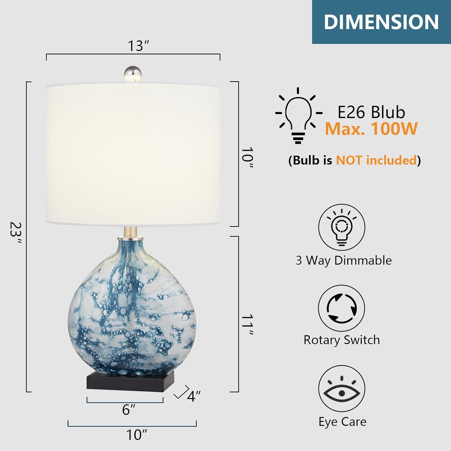 Maxax Coastal Glass Table Lamp, 3-Way Dimmable Blue Glass Bedside Lamp with White Drum Shade for Living Room Bedroom Nightstand