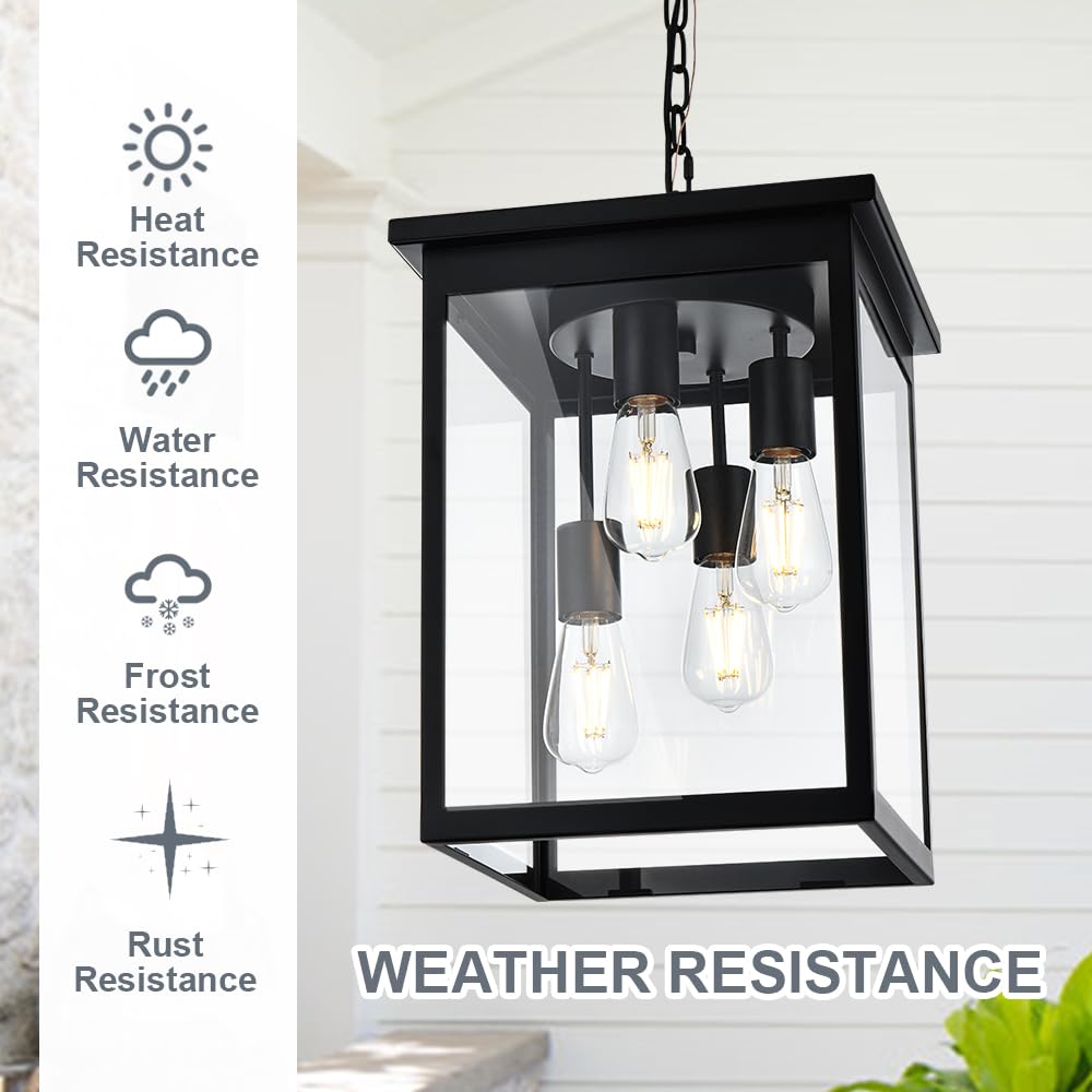 Large Outdoor Pendant Light Fixtures, 4-Lights Black Exterior Ceiling Hanging Lanterns with Clear Glass, Farmhouse Outdoor Chandelier for Front Door Entry Patio