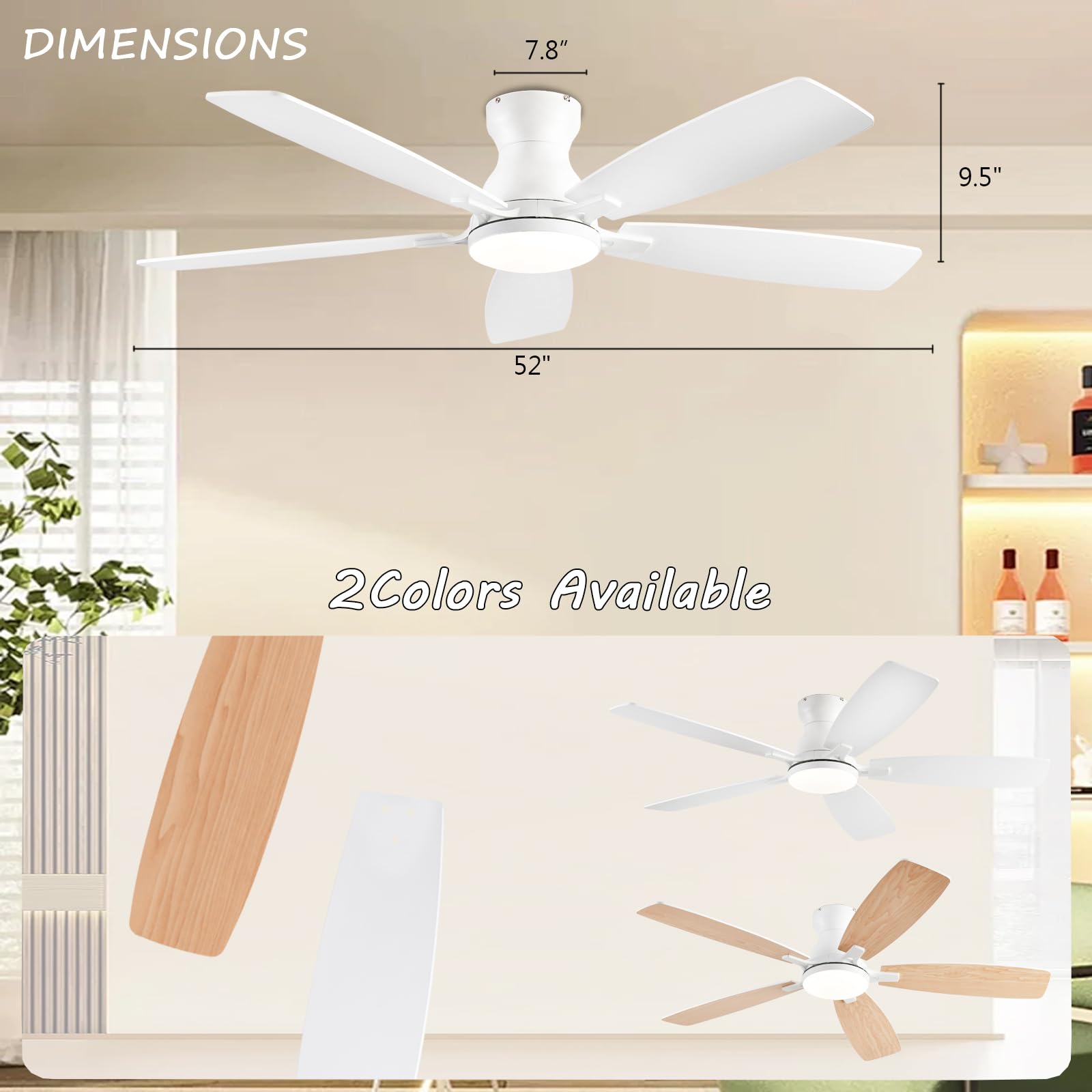 Ceiling Fans with Lights, 52 Inch Low Profile Ceiling Fan with Light and Remote Control, Flush Mount, DC Reversible Motor, Noiseless, Black 6 Speeds Ceiling Fan for Bedroom