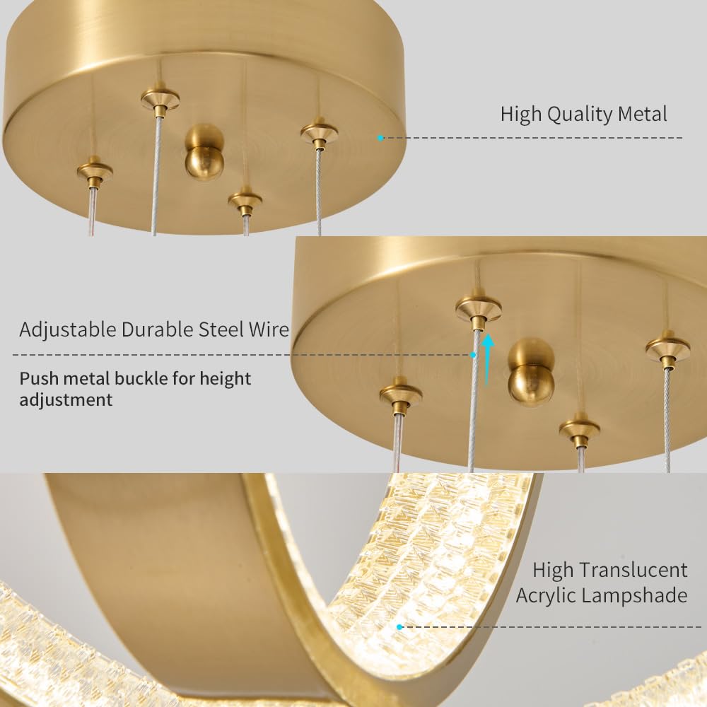 Modern LED Chandelier Dimmable 2 Ring Gold Pendant Light Acrylic 34W 4000K Height-Adjustable Modern Chandelier for Dining Room Living Room Bedroom Kitchen Island Foyer Stairway