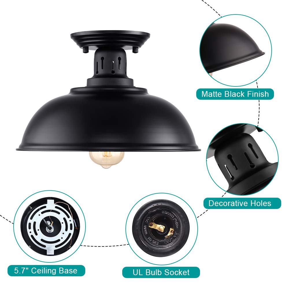 Semi Flush Mount Ceiling Light Fixture, Farmhouse Light Fixtures, Black Outdoor Close to Ceiling Light for Porch, Entryway, Hallway, Foyer, and Gazebo