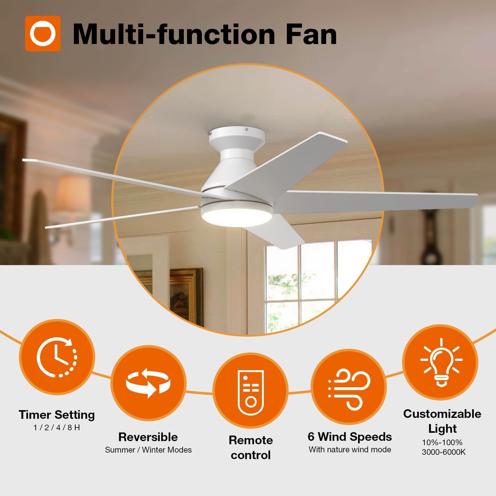 Ceiling Fans with Lights, 42 Inch Low Profile Ceiling Fan with Light and Remote Control, Flush Mount, Reversible, 3CCT, Dimmable, Quiet, Black Small Ceiling Fan for Bedroom Indoor/Outdoor Use