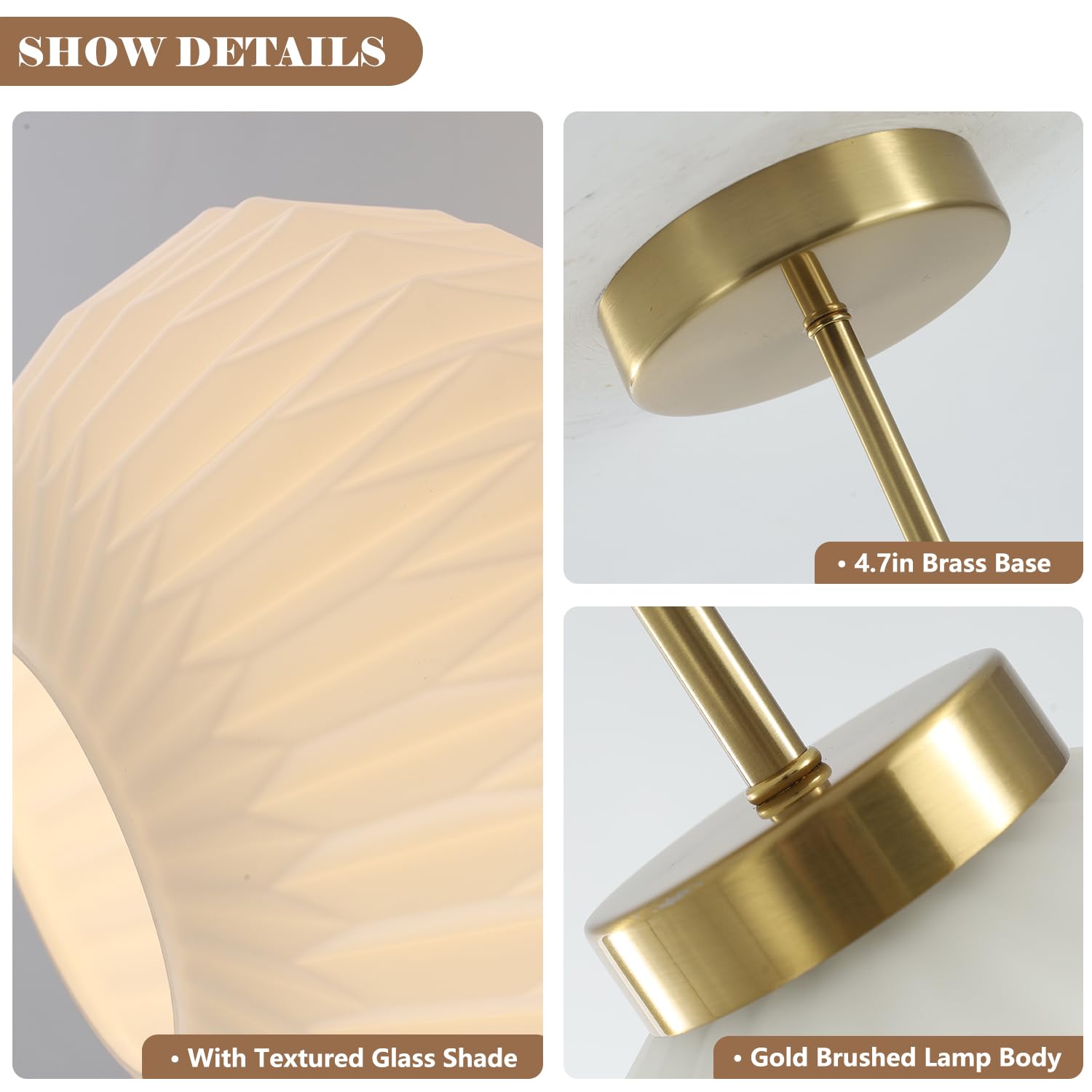 Semi Flush Mount Ceiling Light Mid Century Interior Ceiling Light with White Striation Glass Shade Gold Ceiling Light Fixture for Hallway Corridor Kitchen Bathroom