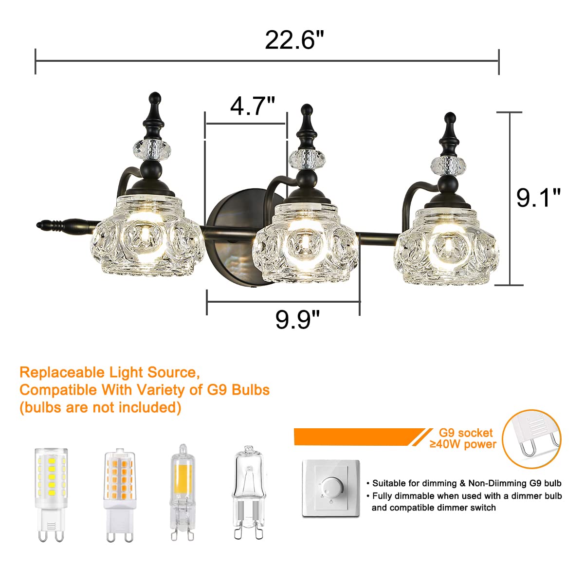 Industrial 1-Light Bathroom Vanity Light Fixture, Black Wall Source with Glass Shade, Rust-Proof and Durable, Using G9 Bulbs for Bedroom, Bathroom, Living Room