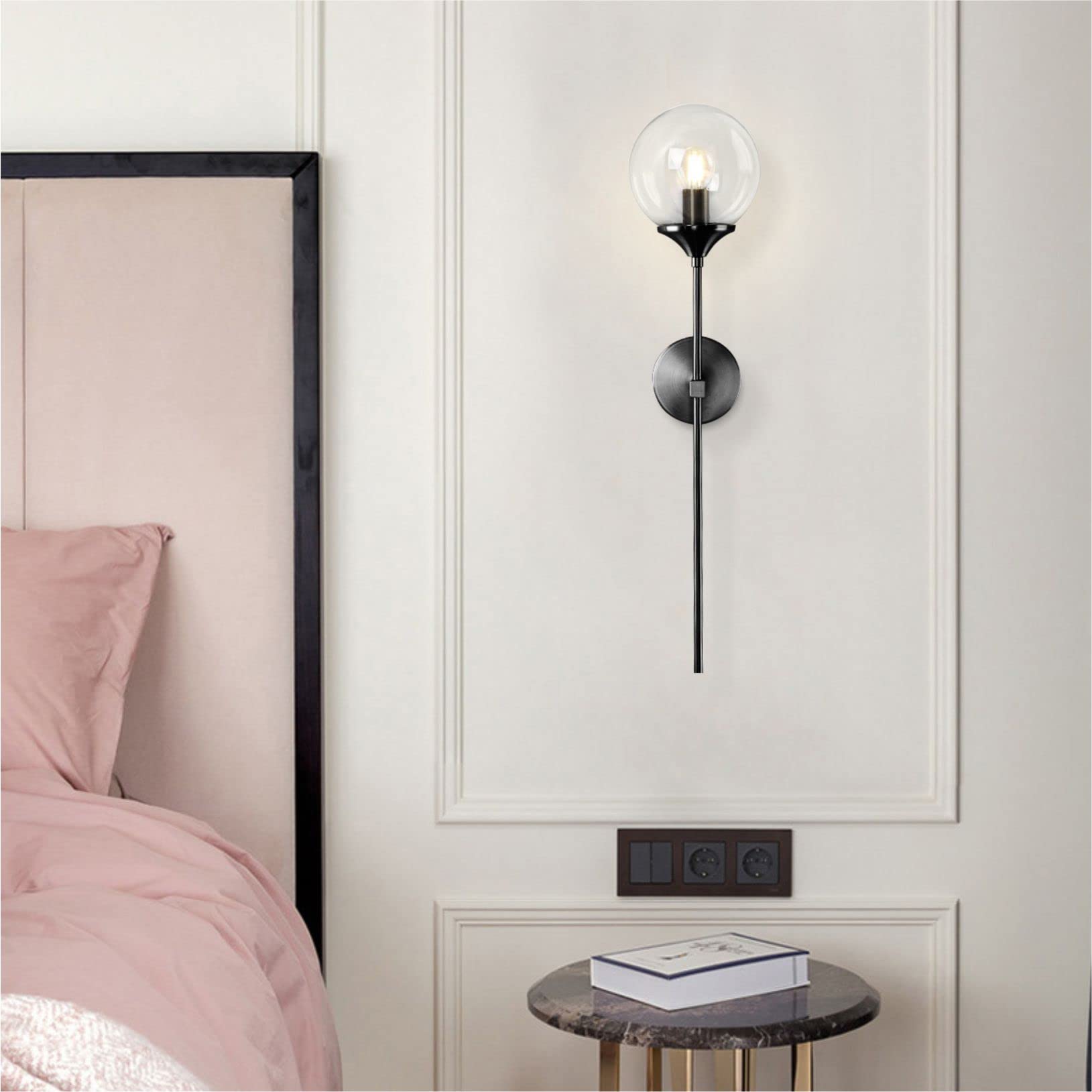 Lighting Modern Smoke Grey Glass Globe Black Matte Slim Wall Sconce Light with Long Arm Vintage Industrial Wall Sconce for Hallway, Stairs, Bathroom Mirror