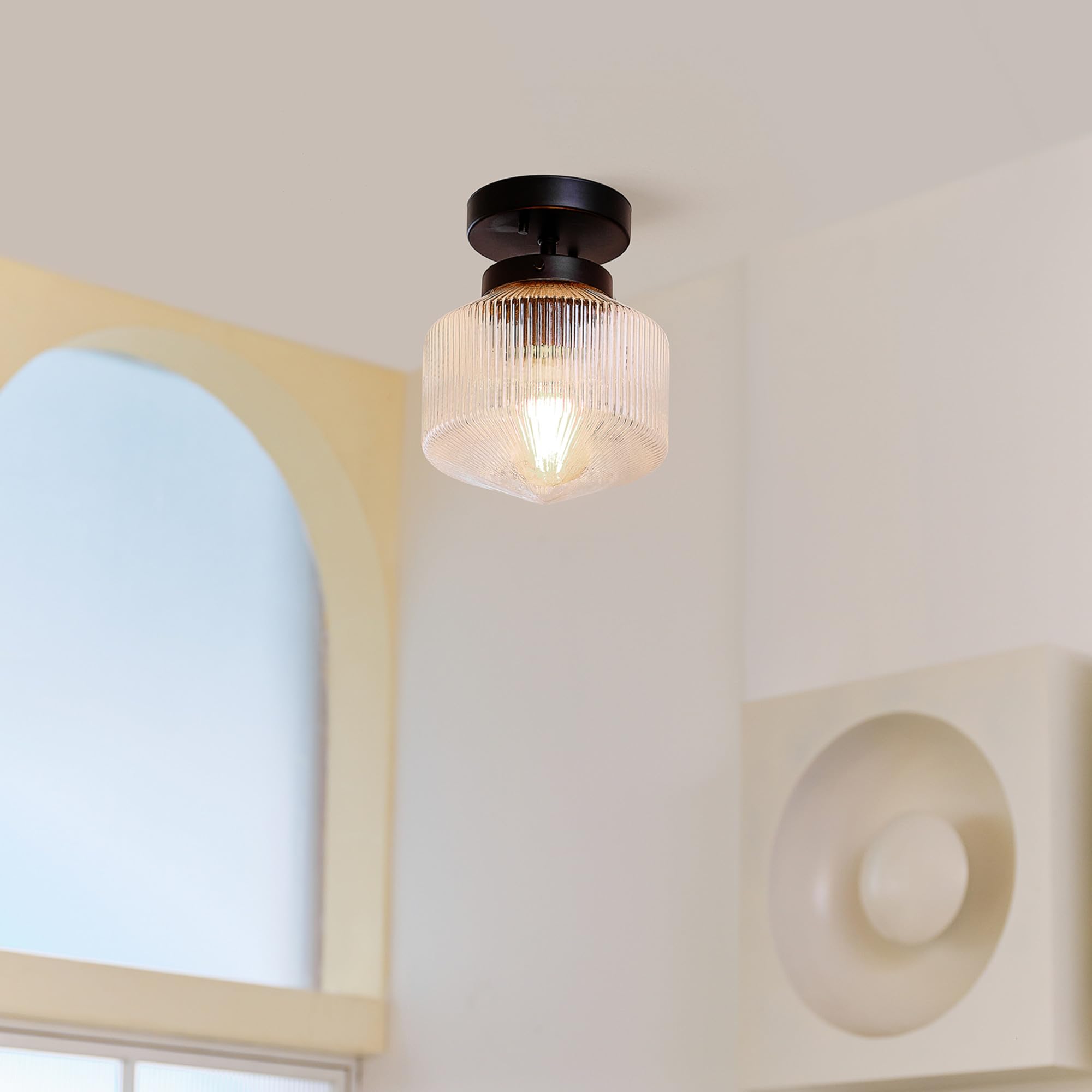 1-Light Semi-Flush Mount Ceiling Lighting, Matte Brass, Clear Glass Shade, Bulb Not Included