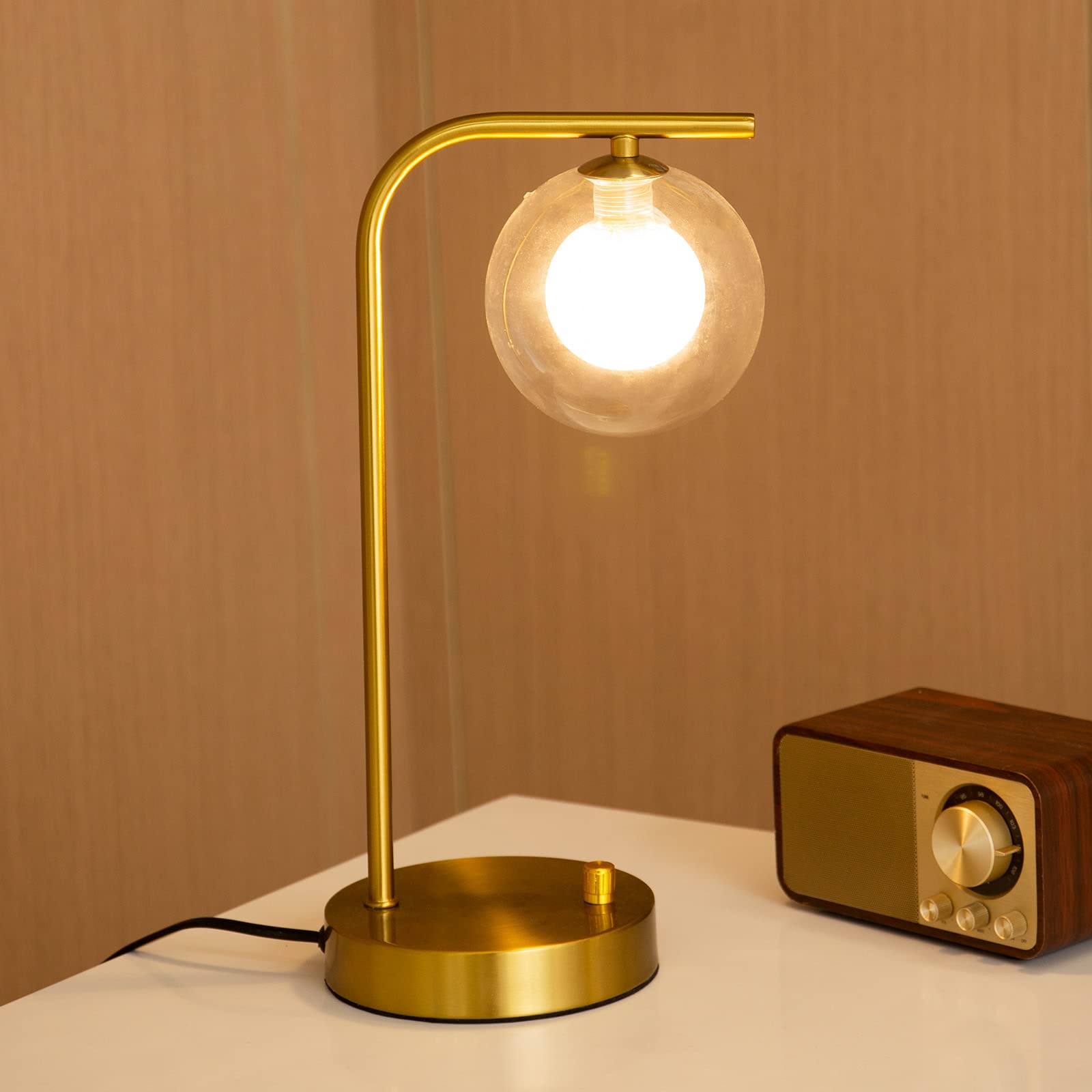 Industrial Table Lamps with USB Charging Ports,Gold Metal Brightness Beside Table Lamp with Glass Globle Stepless Dimmable Desk Lamp for Living Room Bedroom,LED Bulb Included