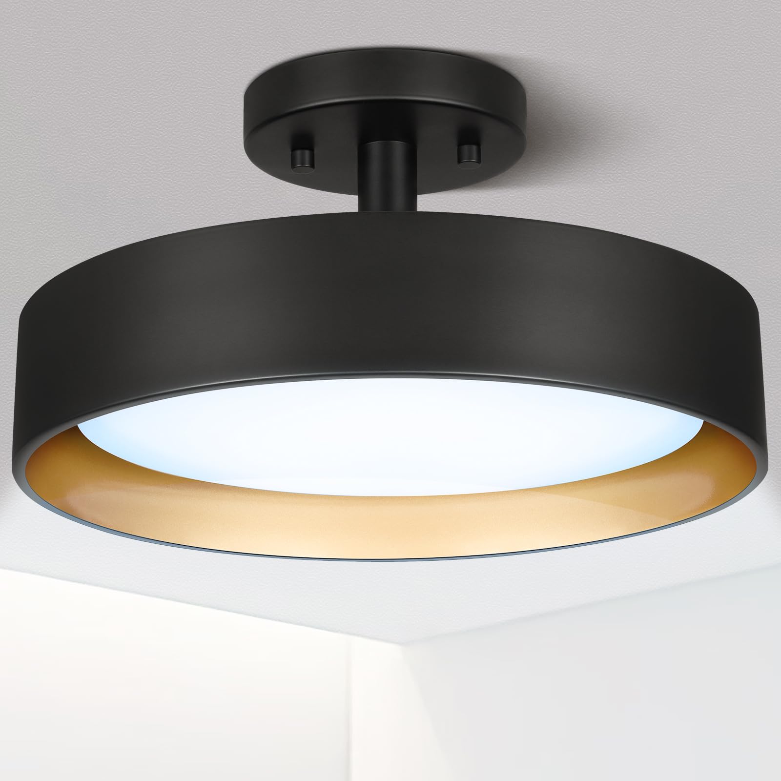 Semi Flush Mount Ceiling Light, 12 Inch 25W LED Ceiling Light Fixture Black, Gold Inside, 5000K Daylight White, Dimmable Lighting for Hallway