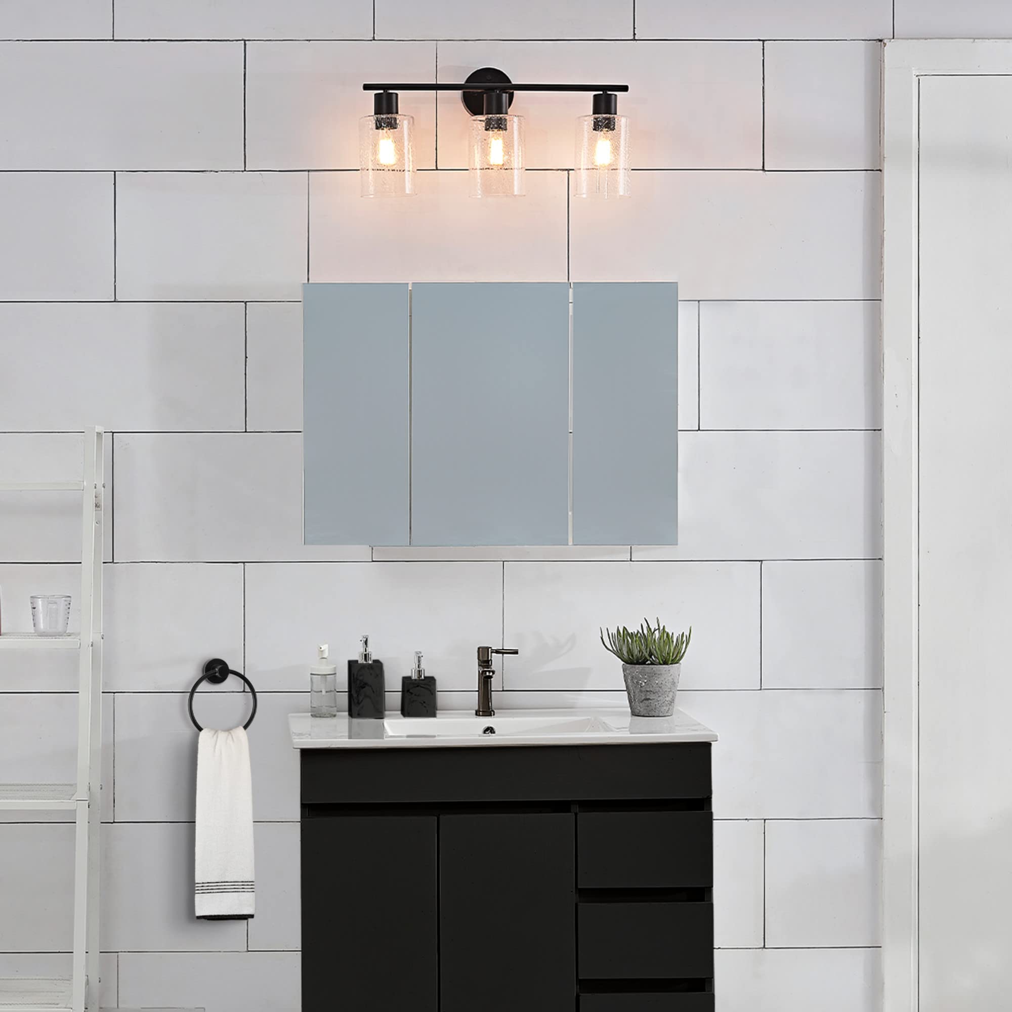 Globe Electric 51710 Bathroom Accessory Set, Matte Black, 3-Light Vanity Light, Towel Bar, Towel Ring, Robe Hook, Toilet Paper Holder, Bathroom Lights Over Mirror, Home Décor, Brooklyn, 5-Piece