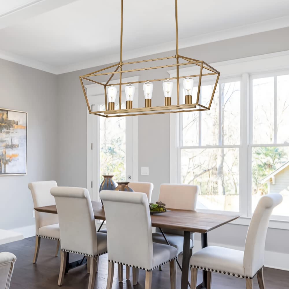 5 Light Modern Kitchen Island Light in Gold Finish,Industrial Hanging Pendant Lighting Fixture with Metal Frame Linear Lantern Chandelier for Dining Room Foyer Cafe Bar