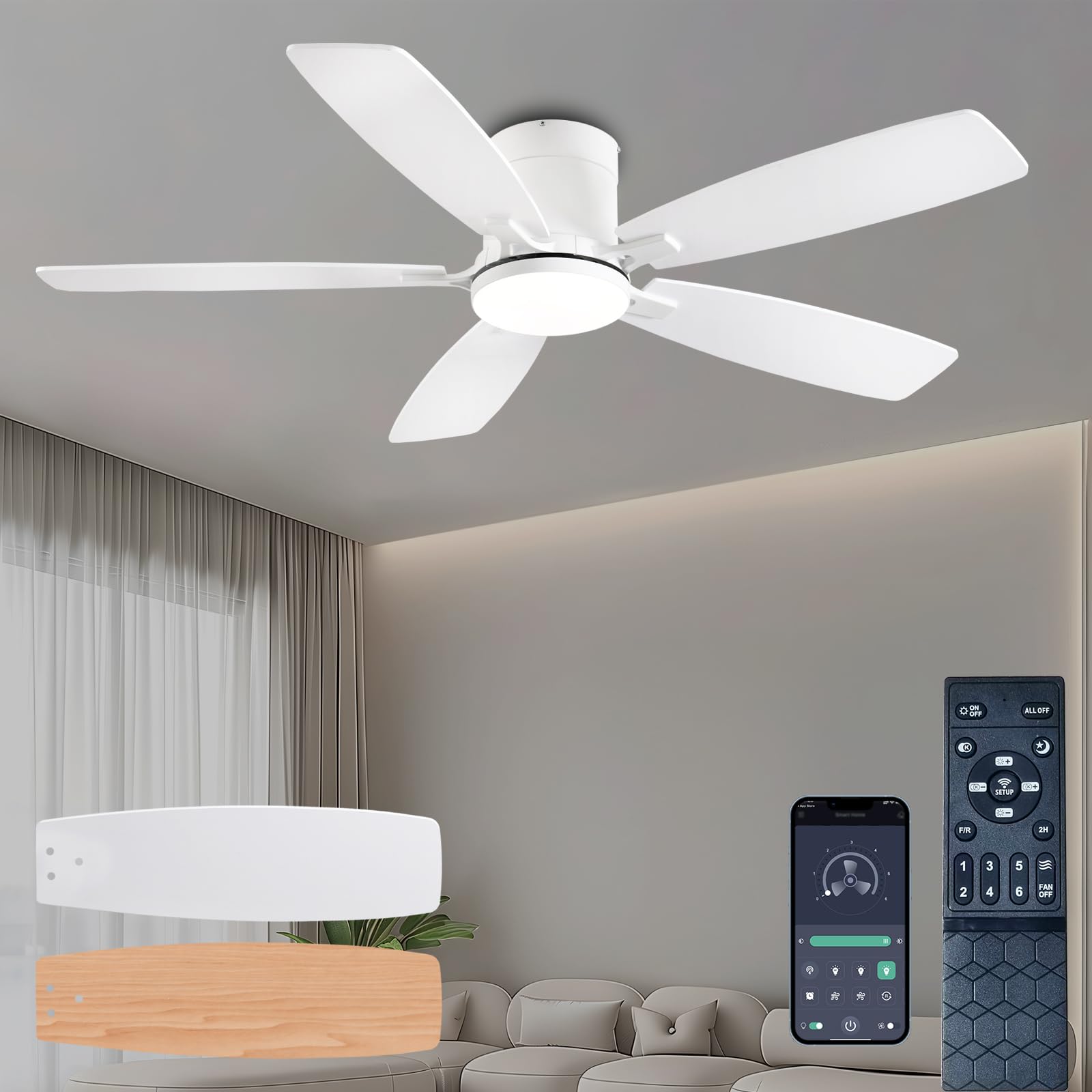 Ceiling Fans with Lights, 52 inch Low Profile Ceiling Fan with Light and Remote Control, Flush Mount, Reversible Motor, Dimmable, Noiseless, White Ceiling Fan for Bedroom, Indoor/Outdoor Use