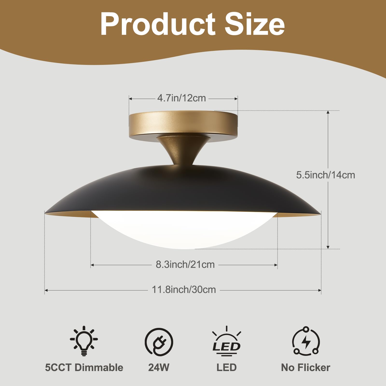 Dimmable Flush Mount Ceiling Light, Modern White and Gold Semi Ceiling Light, LED 5CCT 2700 K - 6000 K Lighting Fixture Ceiling Lamp for Hallway Bedroom Bathroom Kitchen