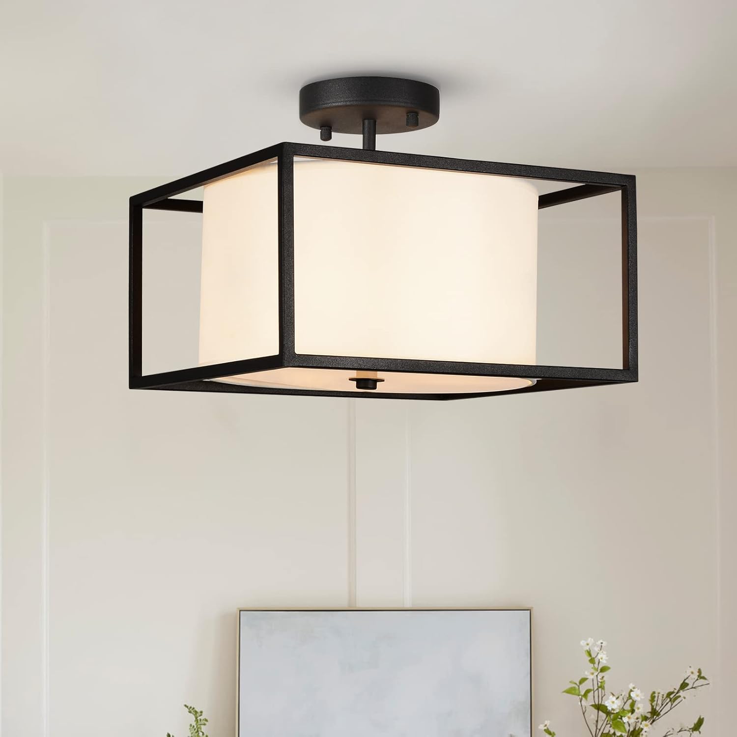 Modern Semi Flush Mount Ceiling Light, Industrial Close to Ceiling Light with Fabric Drum Shade Black Metal Frame,Chandeliers Light Fixtures Ceiling Hanging for Bedroom, Living Room, Kitchen, Hallway