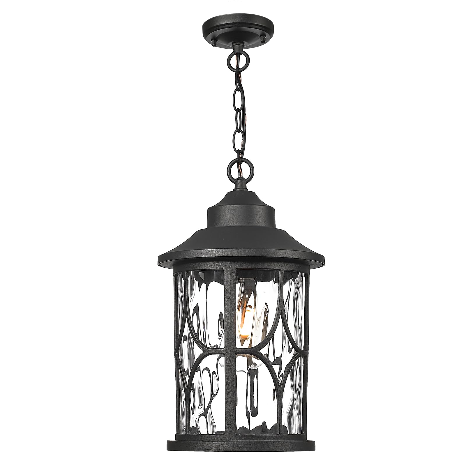 Outdoor Pendant Light for Porch - 12 Inch Farmhouse Exterior Hanging Lantern with Seeded Glass, Black Finish, ZX48H BK