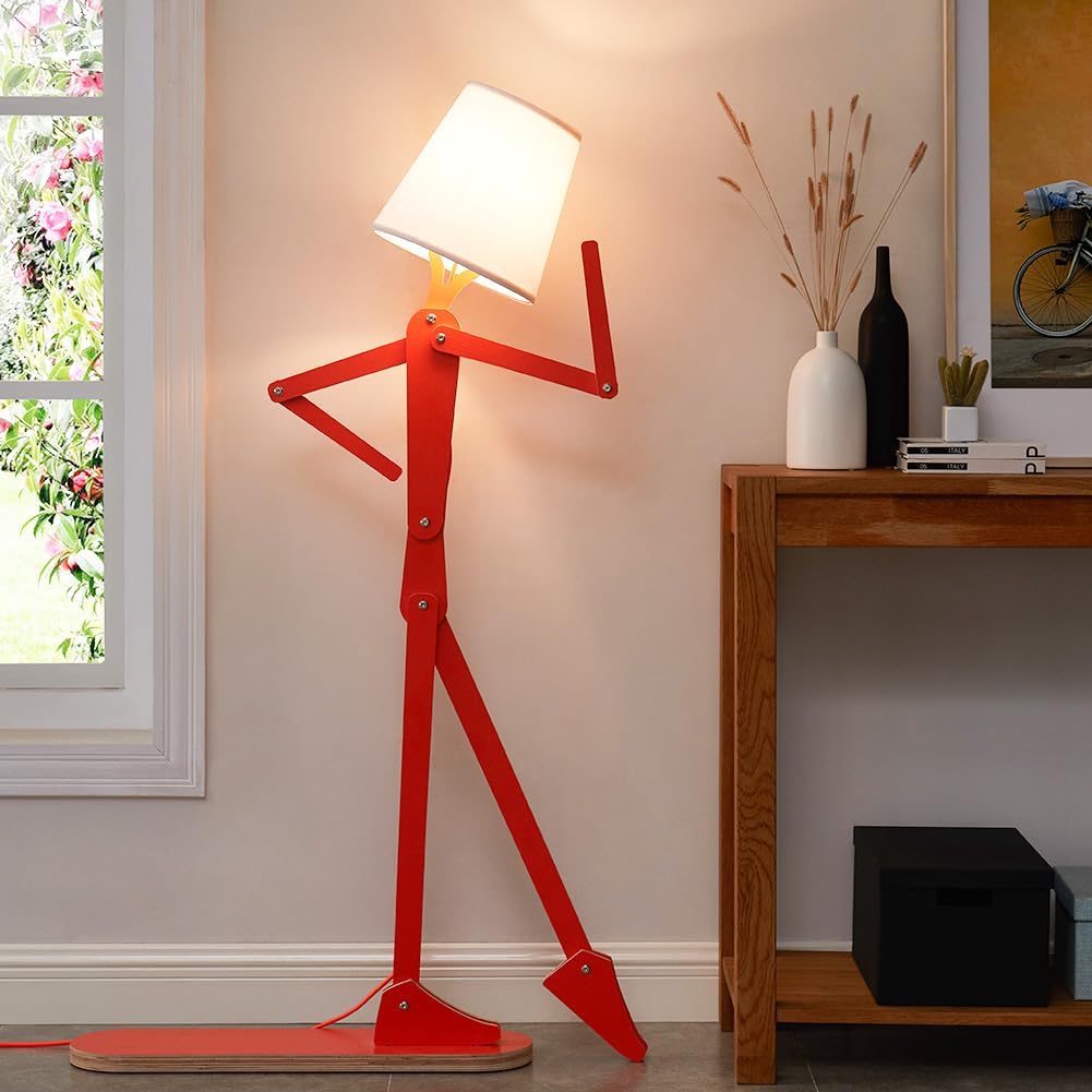 Creative Floor Lamps Wood Tall Decorative Corner Reading Standing Swing Arm Light for Living Room Bedroom Office Farmhouse Kids Boys Girls Gift - with LED Bulb (Orange)