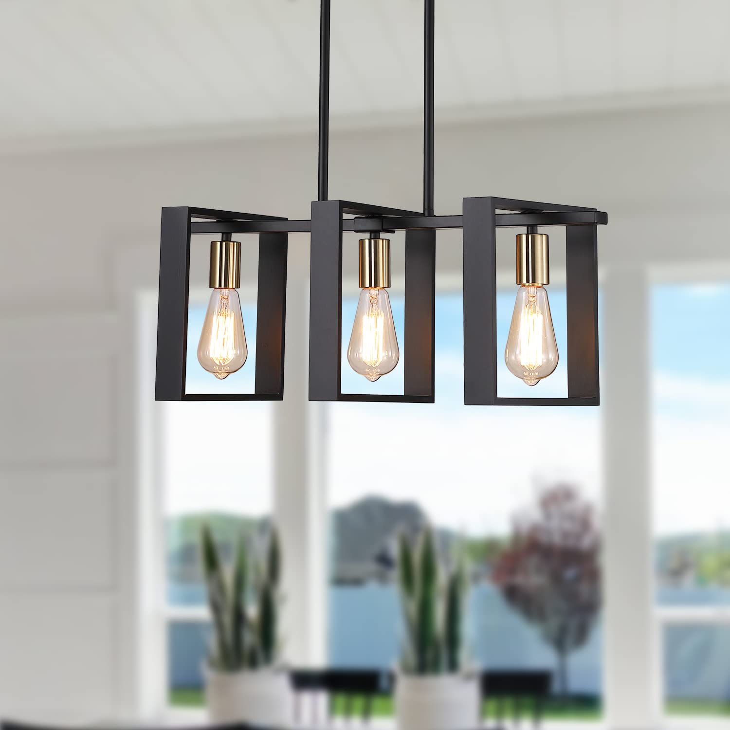 9MMML 3 Lights Kitchen Island Lighting, Modern Rectangle Linear Pendant Light, Black Frame+ Gold Socket Chandelier for Dining &Living Room Foyer Entryway Hallway,E26,Height Adjustable.