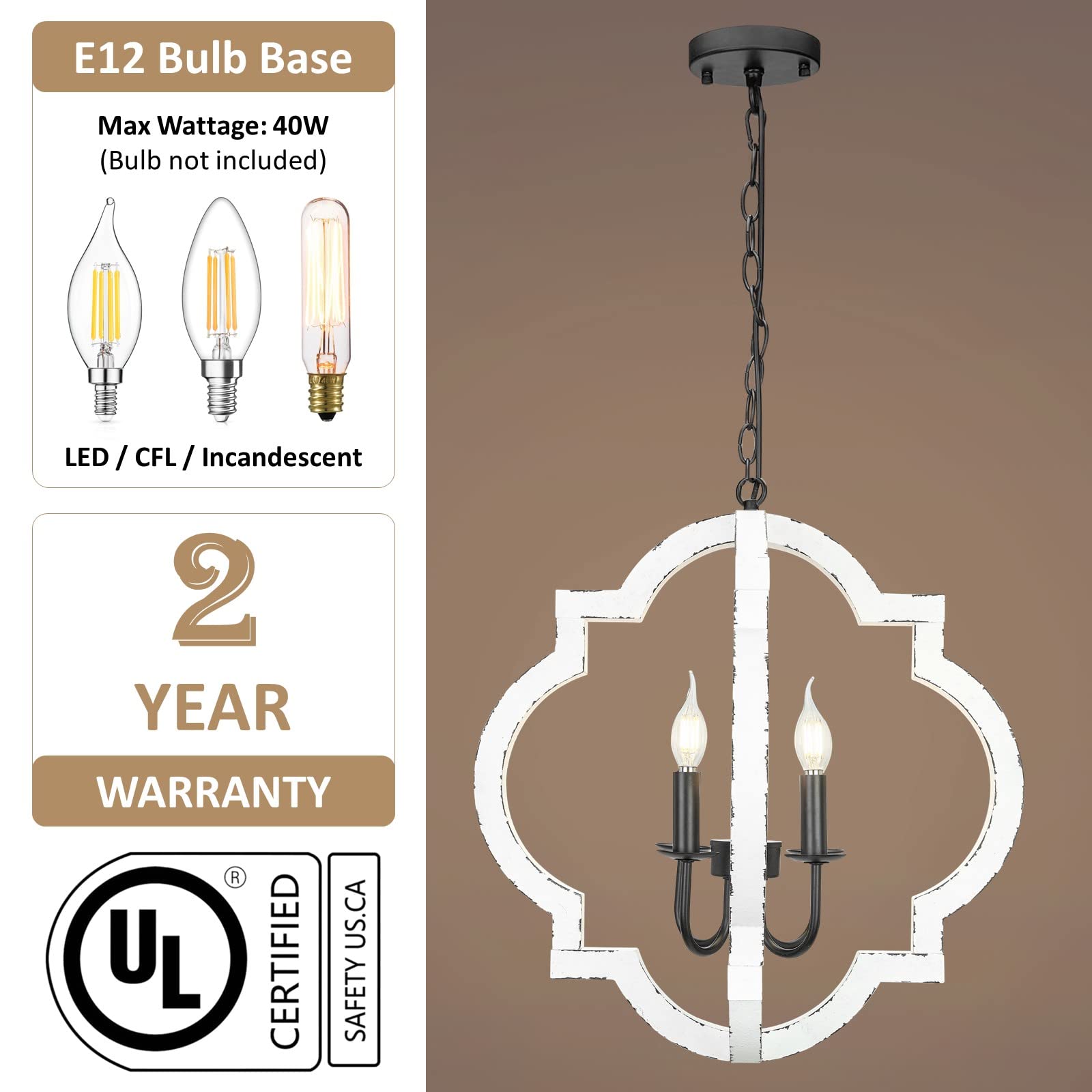 21.7" Farmhouse Wood Chandelier Light Fixture, 4-Light Handmade Distressed White Geometric Hanging Pendant Lighting for Dining Room, Kitchen Island, Entryway, stairwell (Colour: White)