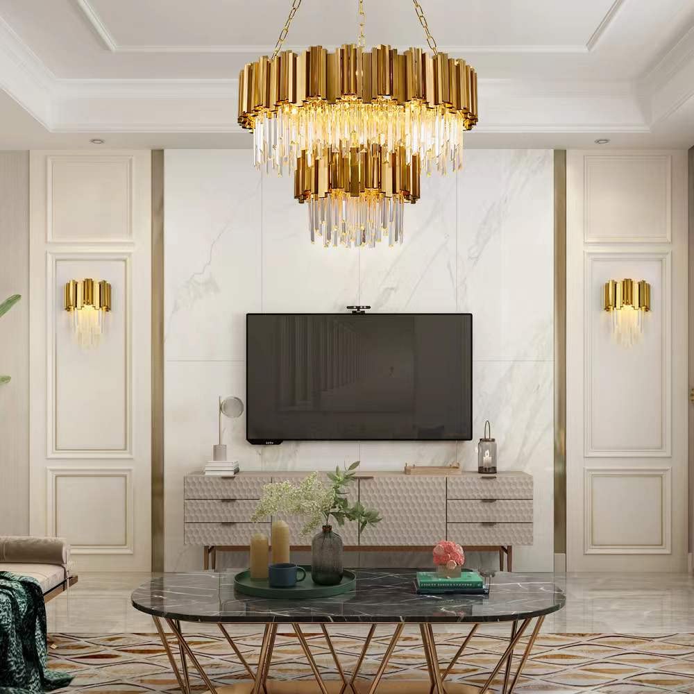 Modern K9 Crystal Pendant Lighting, Round Gold Crystal Chandelier Contemporary Luxury Pendant Ceiling Lighting Fixture for Dining Living Room Kitchen Island, Antique Gold