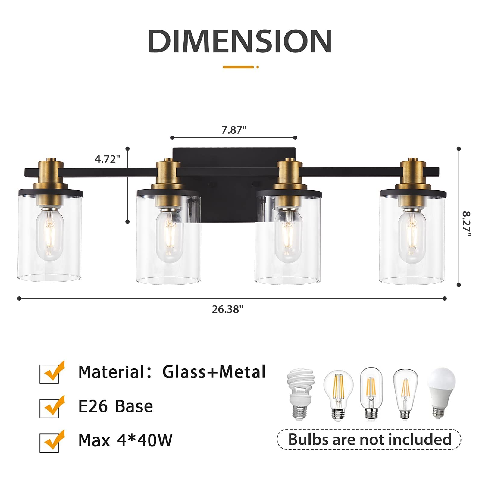 3 Light Bathroom Vanity Light, Black and Gold Bathroom Light Fixtures with Clear Glass Shade, Matte Black Finish, Brushed Gold Copper Accent Socket, Modern Gold Vanity Lights for Bathroom Over Mirror