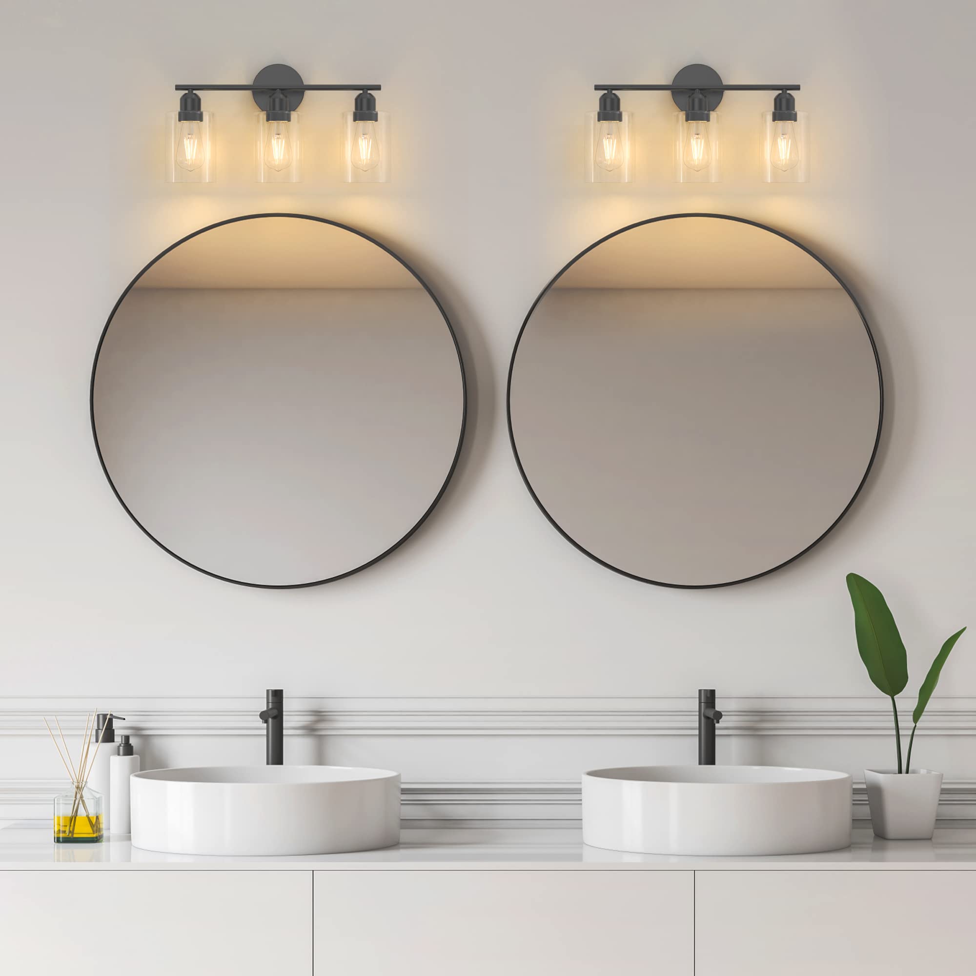 Bathroom Vanity Light Fixtures Matte Black Bathroom Lighting Fixture, 3 Lights Bathroom Light Fixture Over Mirror, Modern Black Vanity Light, UL Certified Wall Sconces with Glass Shades