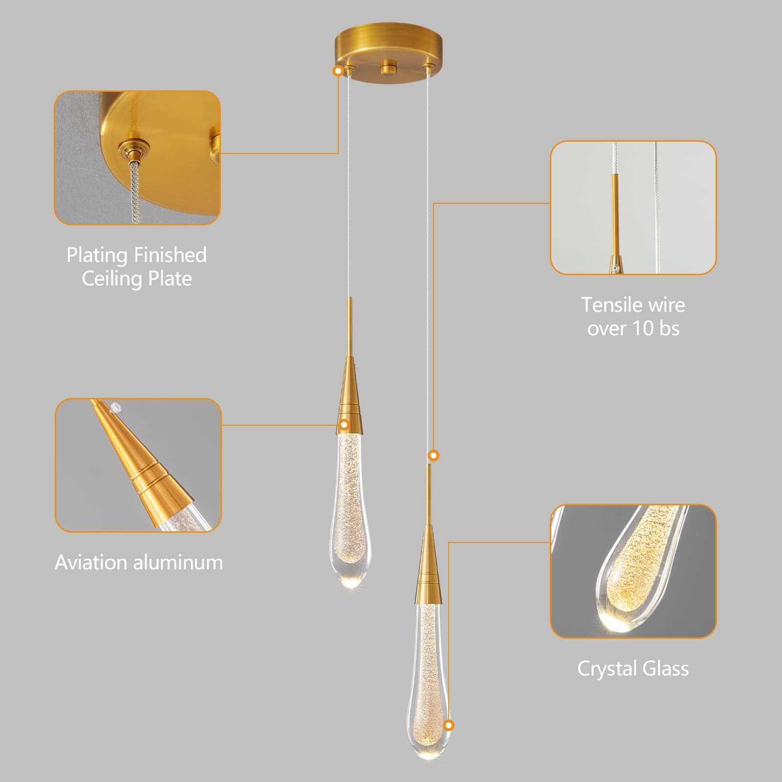 Kitchen Light Fixtures Ceiling Dimmable LED Modern Gold Pendant Light Mini Teardrop Crystal Pendant Light for Kitchen Island Bedroom Hallway Entryway (5-Light)