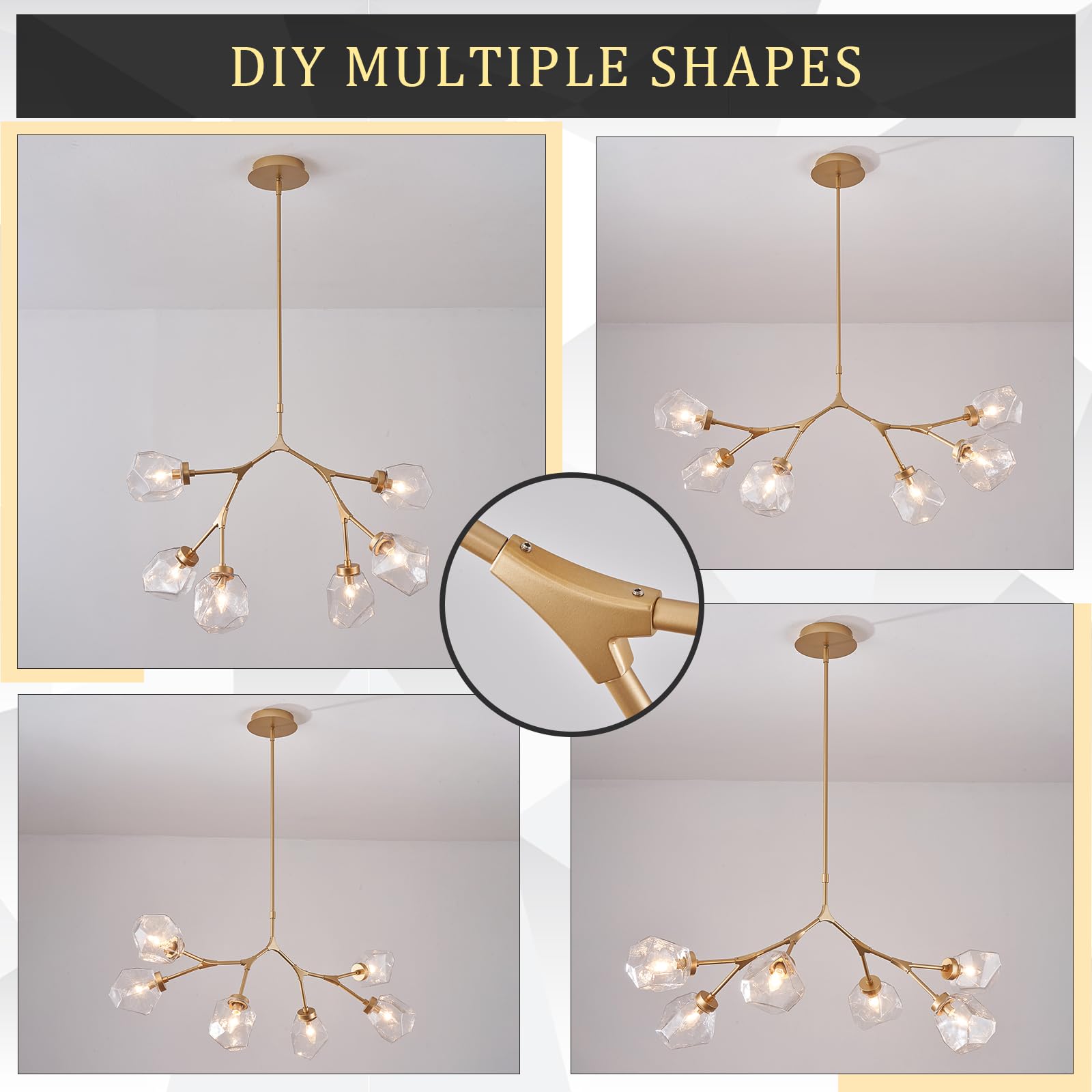 Gold Sputnik Chandeliers for Dining Room,Mid Century Crystal Glass Chandeliers 6 Lights Modern Ceiling Pendant Light Fixtures Iceberg Shape for Living Room Kitchen Island Bedroom