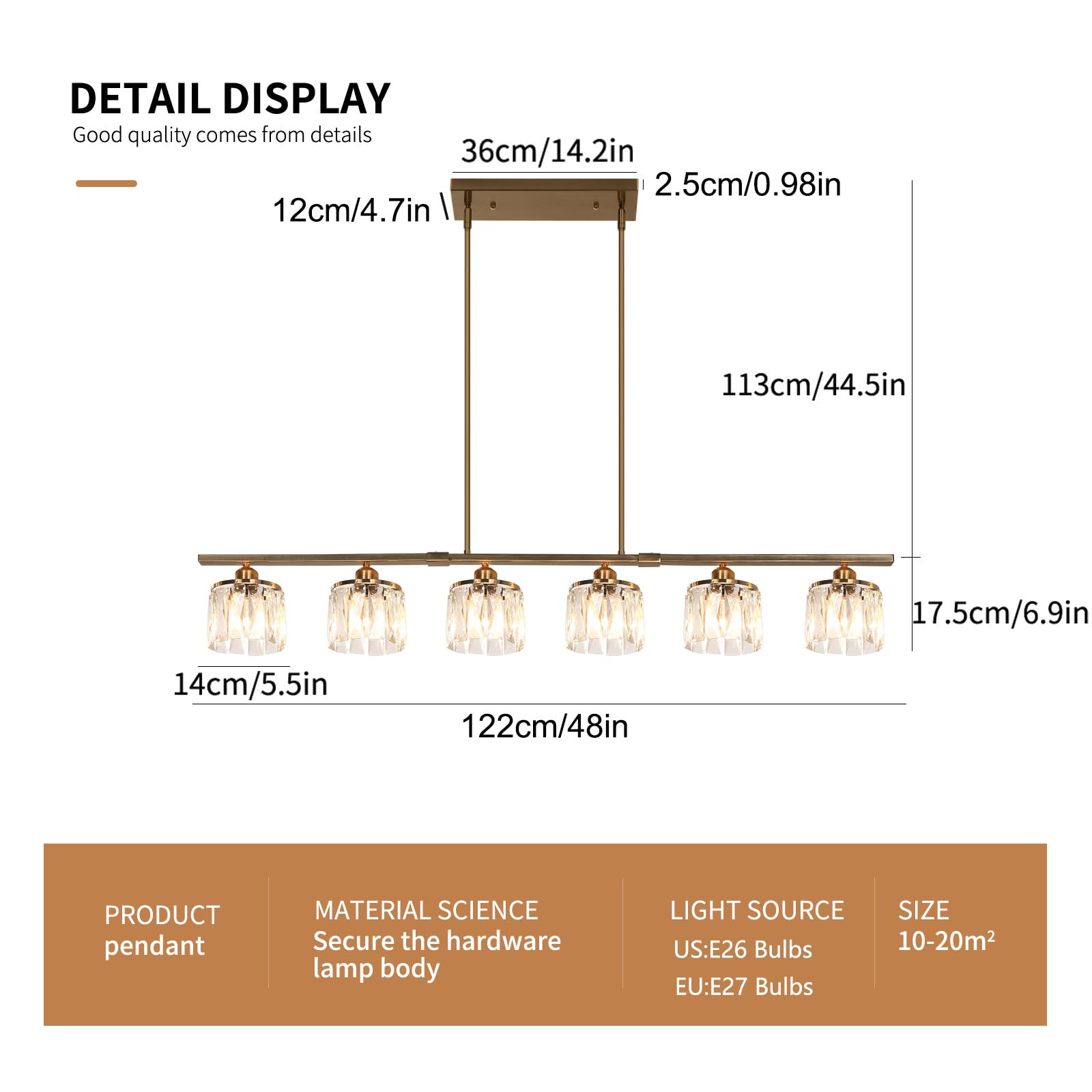 Island Light for Kitchen,6 Lights Dining Room Light Fixture,Brass Adjustable Modern Chandelier Linear Ceiling Pendant Lights Over Table with Crystal Shade(48" Length)