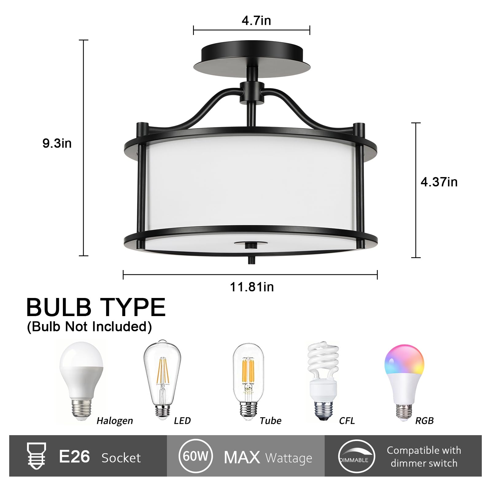 4 Light Semi Flush Mount Ceiling Light 15.7 Inches Light Fixture with Metal Frame Fabric Shade Modern Ceiling Light for Living Room Bedroom Kitchen Dining Room Entryway Hallway