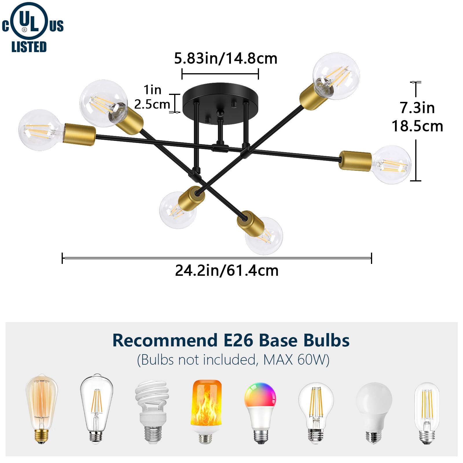 6-Lights Semi Flush Mount Ceiling Light, Mid-Century Modern Black and Gold Sputnik Ceiling Lighting, Industrial Kitchen Light Fixtures Ceiling Mount for Dining Room Hallway Living Room