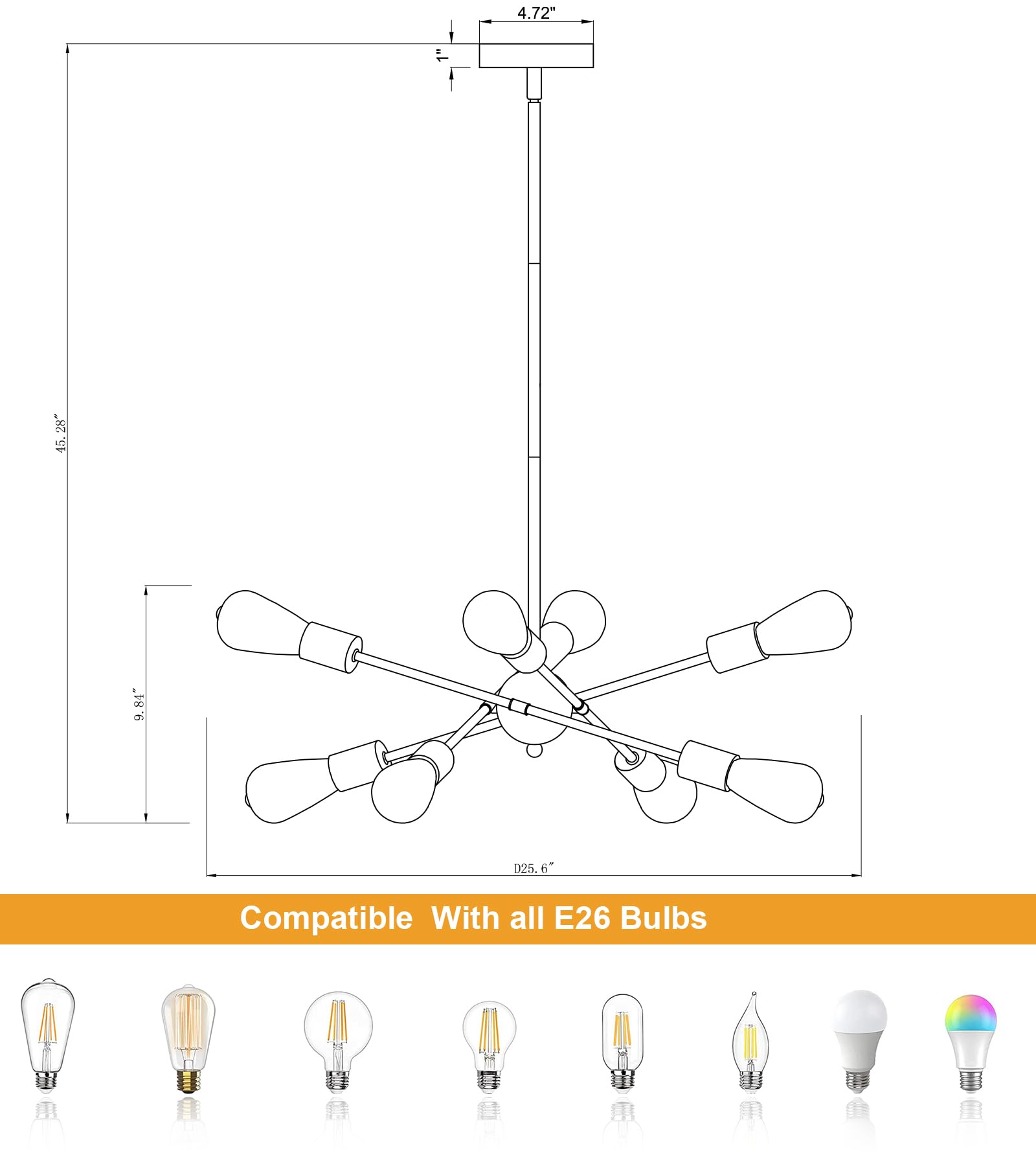 Gold Modern Sputnik Chandelier Ceiling Light Fixtures,6-Lights Industrial Metal Semi Flush Mount Ceiling Light for Bedroom Dining Room Living Room Kitchen Hallway UL Listed