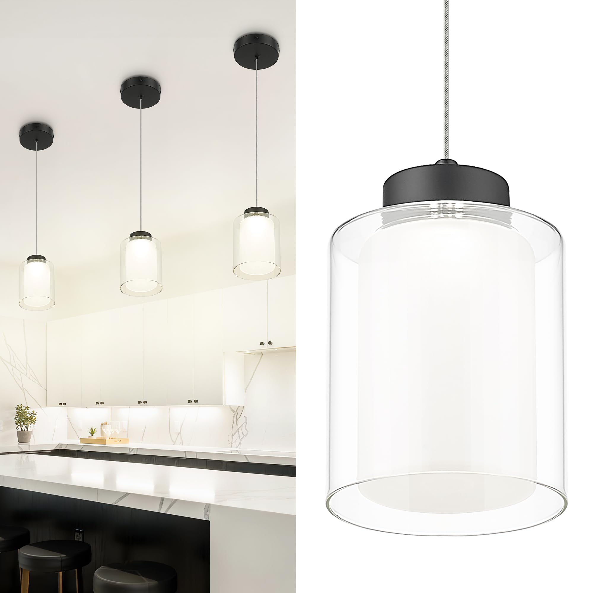 Black Pendant Light Fixtures, 3-Light Led Pendant Lights with Dual Glass Shade, Modern Cluster Hanging Lights for Kitchen Island, Bedroom, Dining Room, 3CCT Adjustable KDPL04-BK-3L